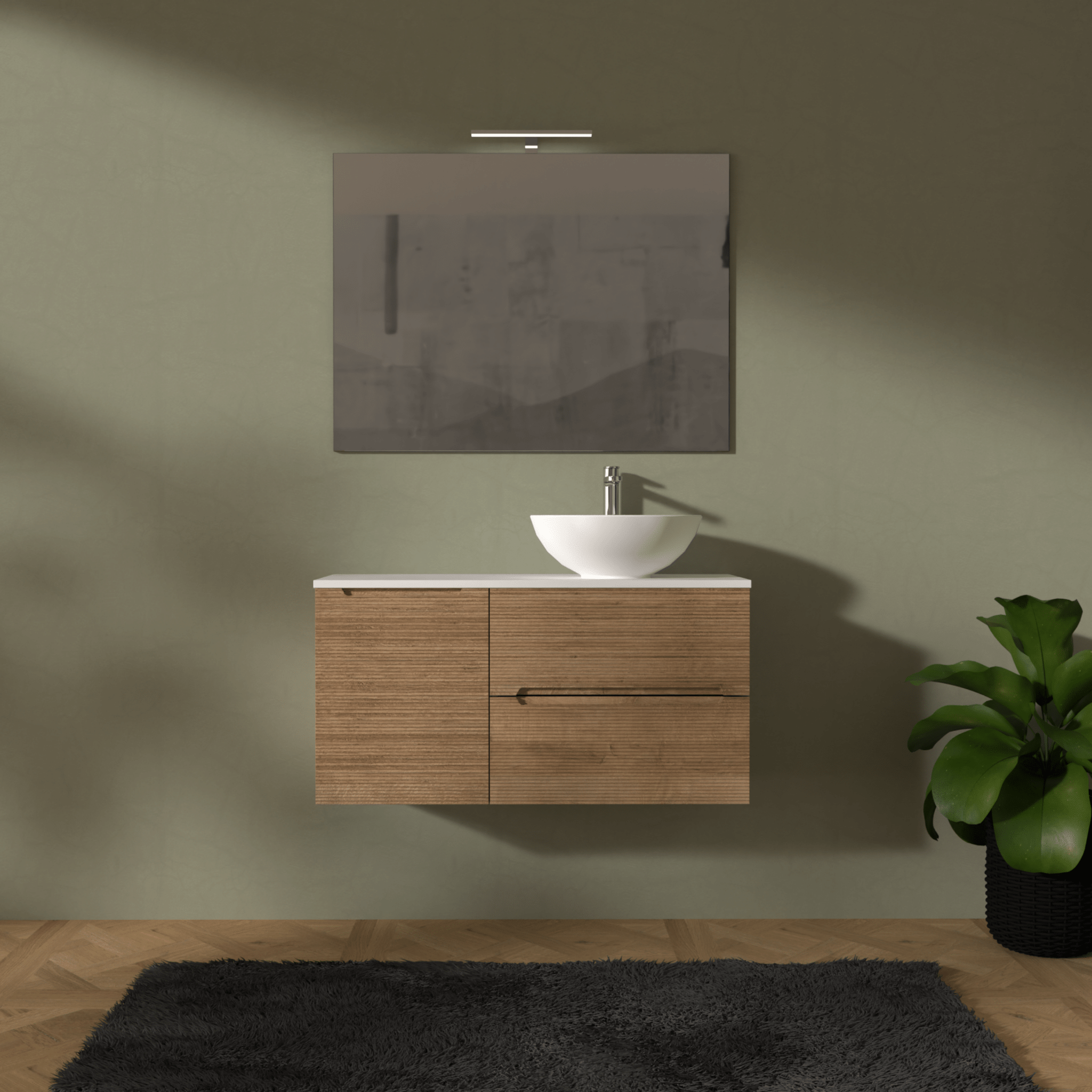 Mobile Bagno Sospeso Cannettato 100 Cm Due Cassetti Un'Anta e Top Specchio Con Lampada Led 70x100 Cm AdattoCasa "Rigo" Rovere Farnia/Bianco Neve - Dabicasa