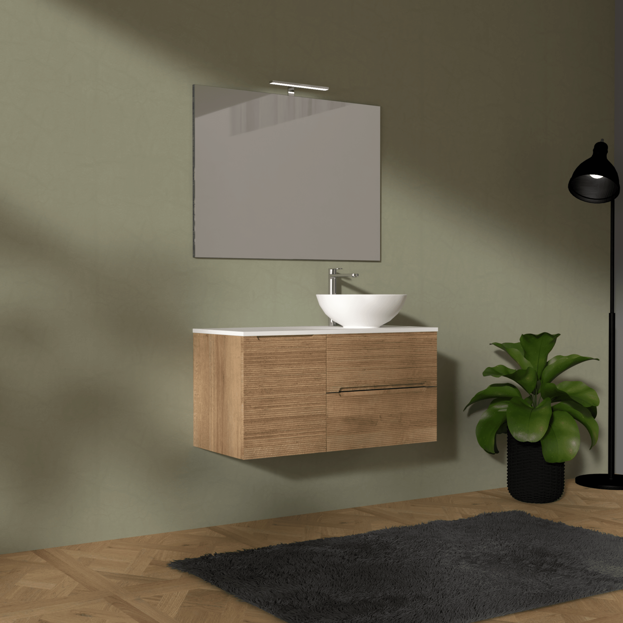 Mobile Bagno Sospeso Cannettato 100 Cm Due Cassetti Un'Anta e Top Specchio Con Lampada Led 70x100 Cm AdattoCasa "Rigo" Rovere Farnia/Bianco Neve - Dabicasa