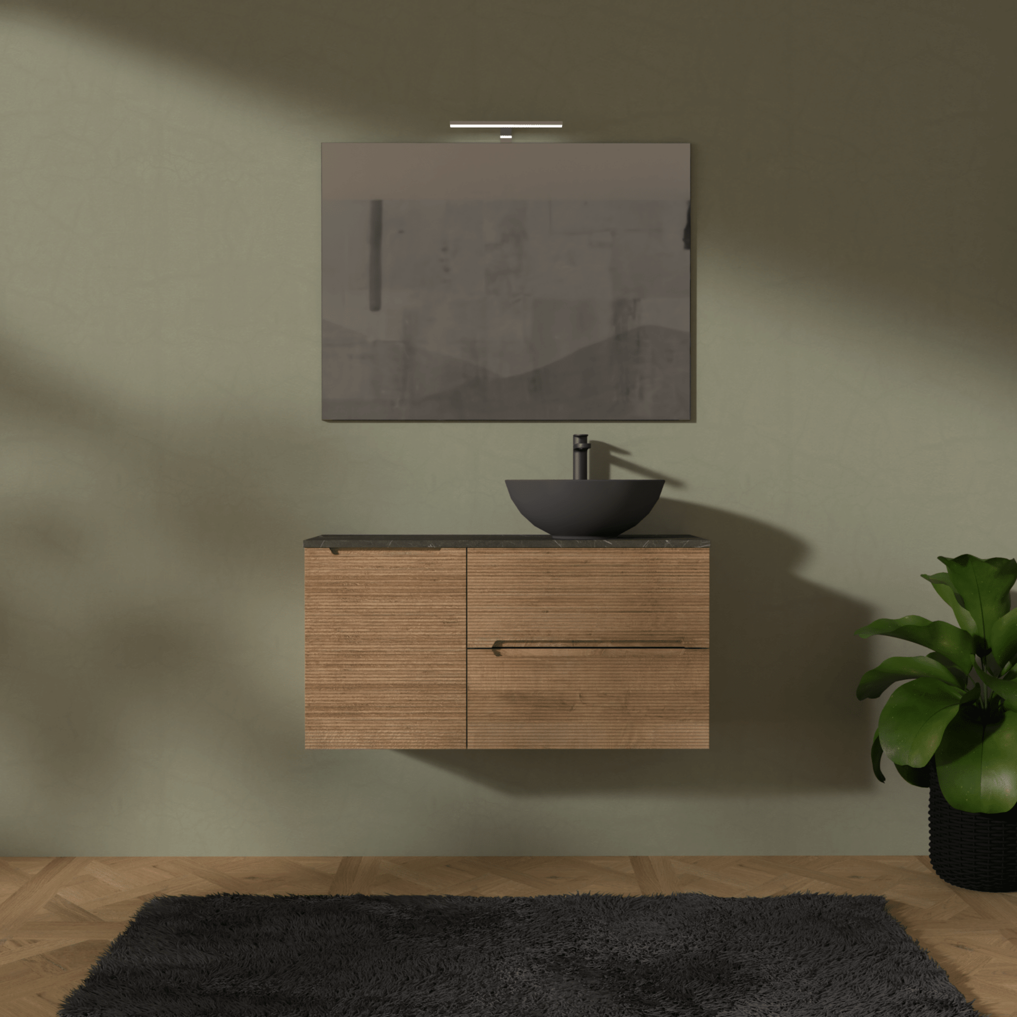 Mobile Bagno Sospeso Cannettato 100 Cm Due Cassetti Un'Anta e Top Specchio Con Lampada Led 70x100 Cm AdattoCasa "Rigo" Rovere Farnia/Grigio Italia - Dabicasa