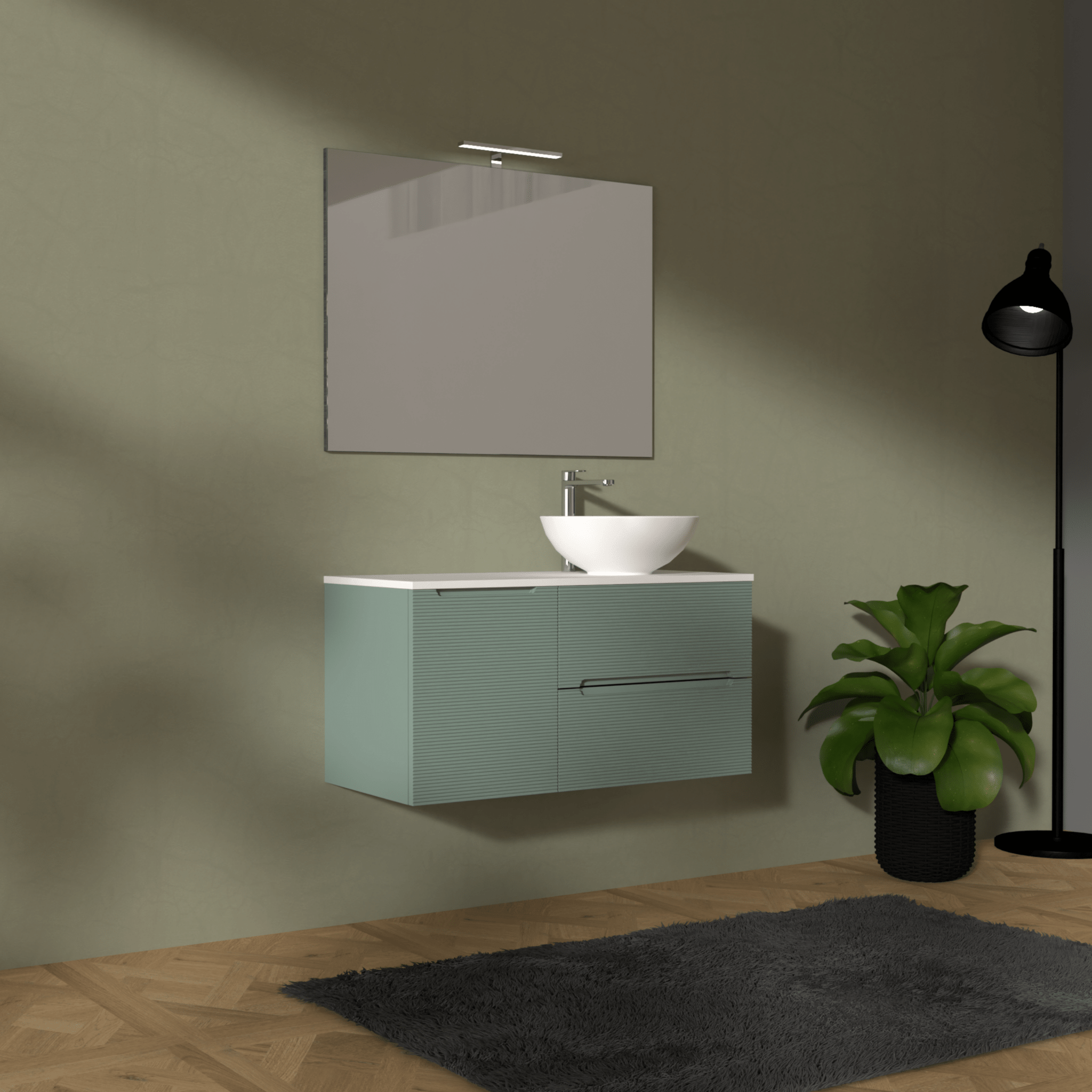 Mobile Bagno Sospeso Cannettato 100 Cm Due Cassetti Un'Anta e Top Specchio Con Lampada Led 70x100 Cm AdattoCasa "Rigo" Verde Salvia/Bianco Neve - Dabicasa