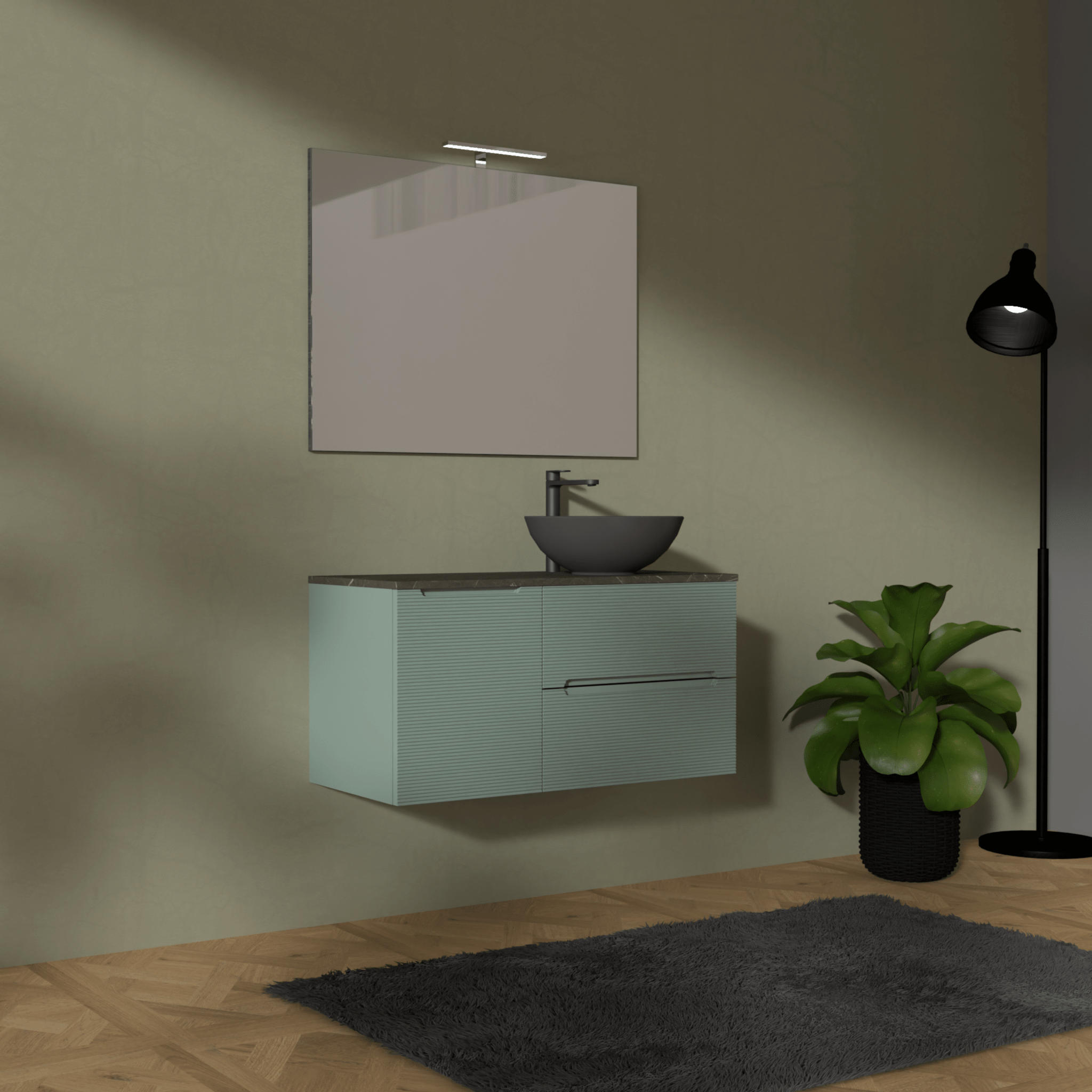 Mobile Bagno Sospeso Cannettato 100 Cm Due Cassetti Un'Anta e Top Specchio Con Lampada Led 70x100 Cm AdattoCasa "Rigo" Verde Salvia/Grigio Italia - Dabicasa