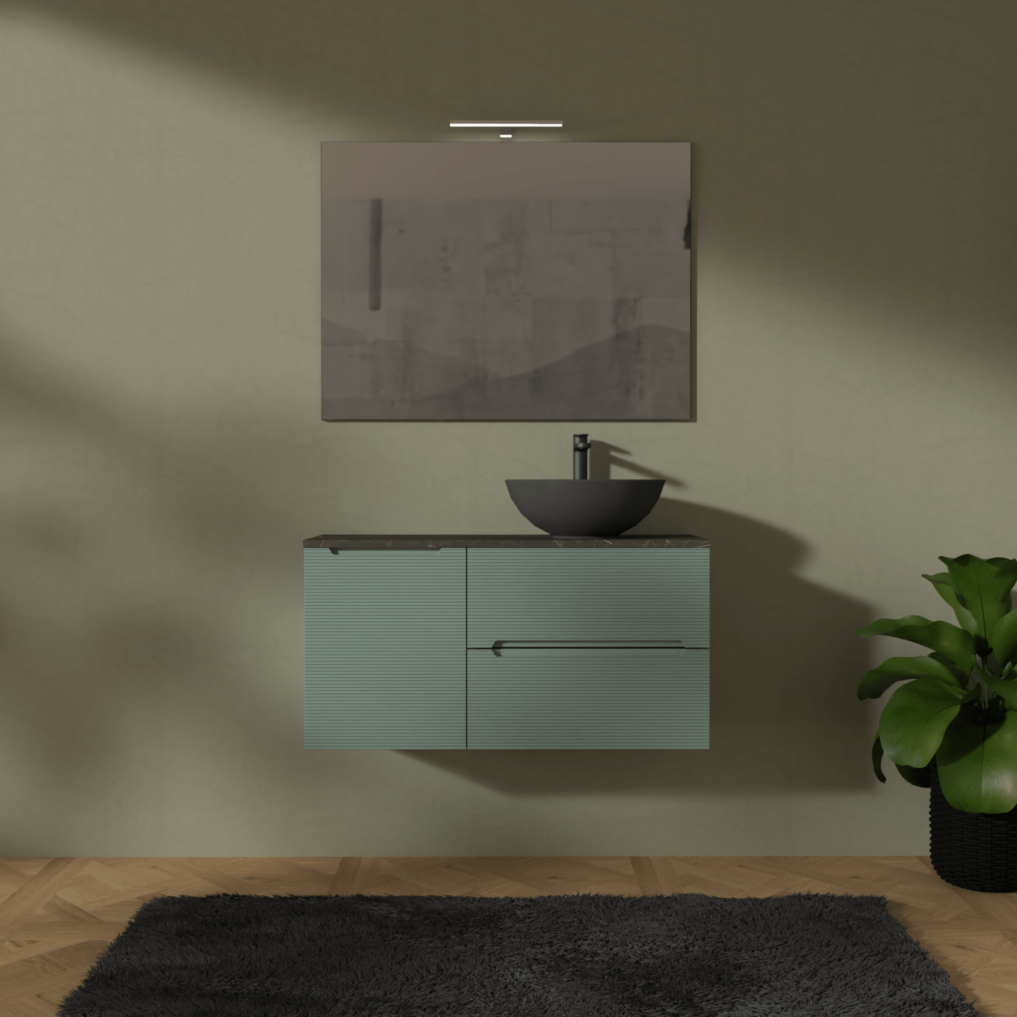 Mobile Bagno Sospeso Cannettato 100 Cm Due Cassetti Un'Anta e Top Specchio Con Lampada Led 70x100 Cm AdattoCasa "Rigo" Verde Salvia/Grigio Italia - Dabicasa
