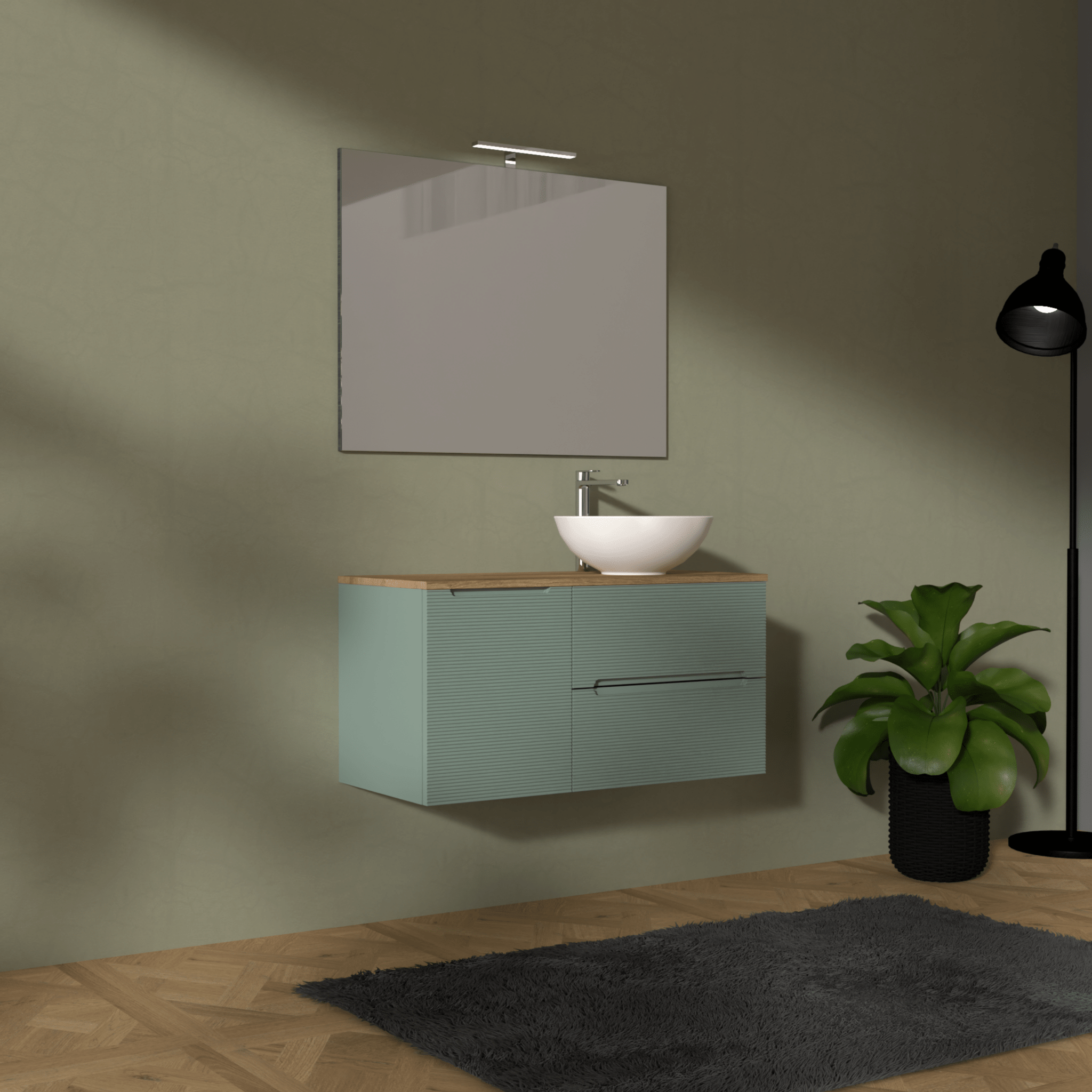 Mobile Bagno Sospeso Cannettato 100 Cm Due Cassetti Un'Anta e Top Specchio Con Lampada Led 70x100 Cm AdattoCasa "Rigo" Verde Salvia/Rovere Farnia - Dabicasa