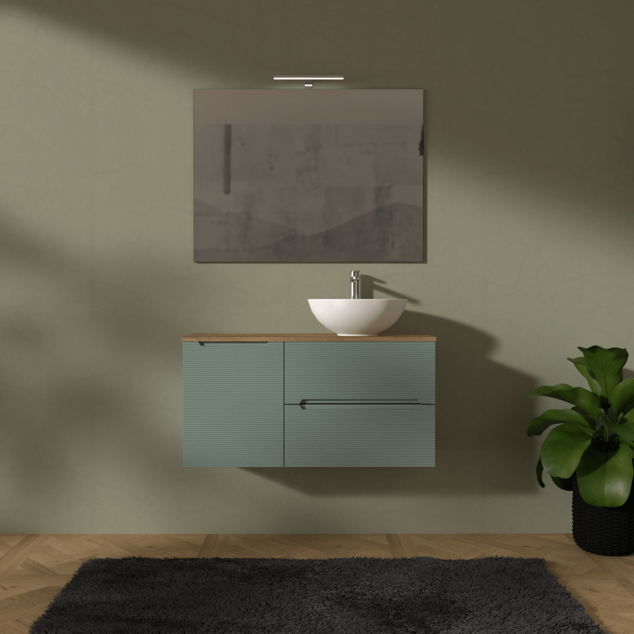 Mobile Bagno Sospeso Cannettato 100 Cm Due Cassetti Un'Anta e Top Specchio Con Lampada Led 70x100 Cm AdattoCasa "Rigo" Verde Salvia/Rovere Farnia - Dabicasa