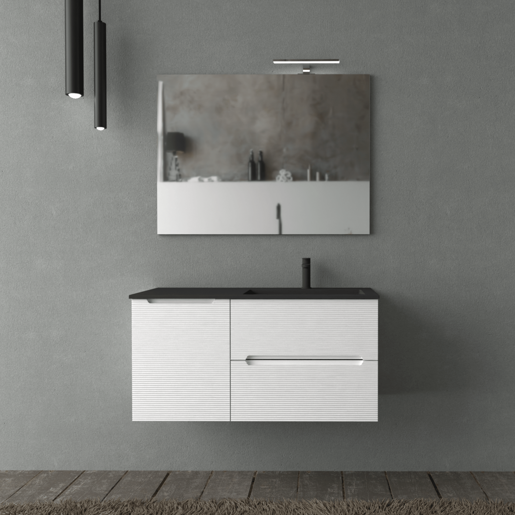 Mobile Bagno Sospeso Cannettato 100 Cm Due Cassetti Un'Anta Lavabo a Dx Specchio Con Lampada Led 70x100 Cm AdattoCasa "Rigo" Bianco Neve/Nero Opaco - Dabicasa