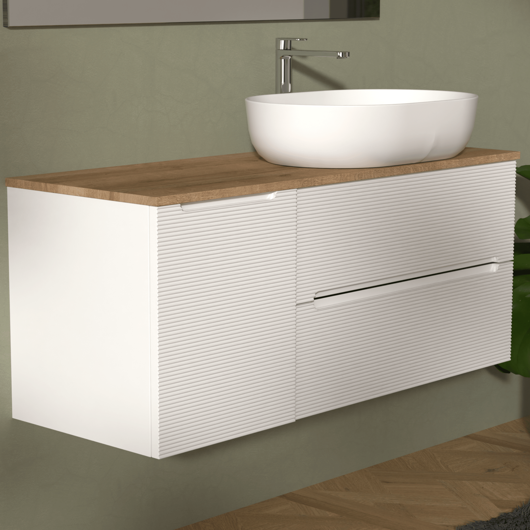 Mobile Bagno Sospeso Cannettato 120 Cm Due Cassetti Un'Anta e Top Specchio Con Lampada Led 70x120 Cm AdattoCasa "Rigo" Bianco Neve/Rovere Farnia - Dabicasa