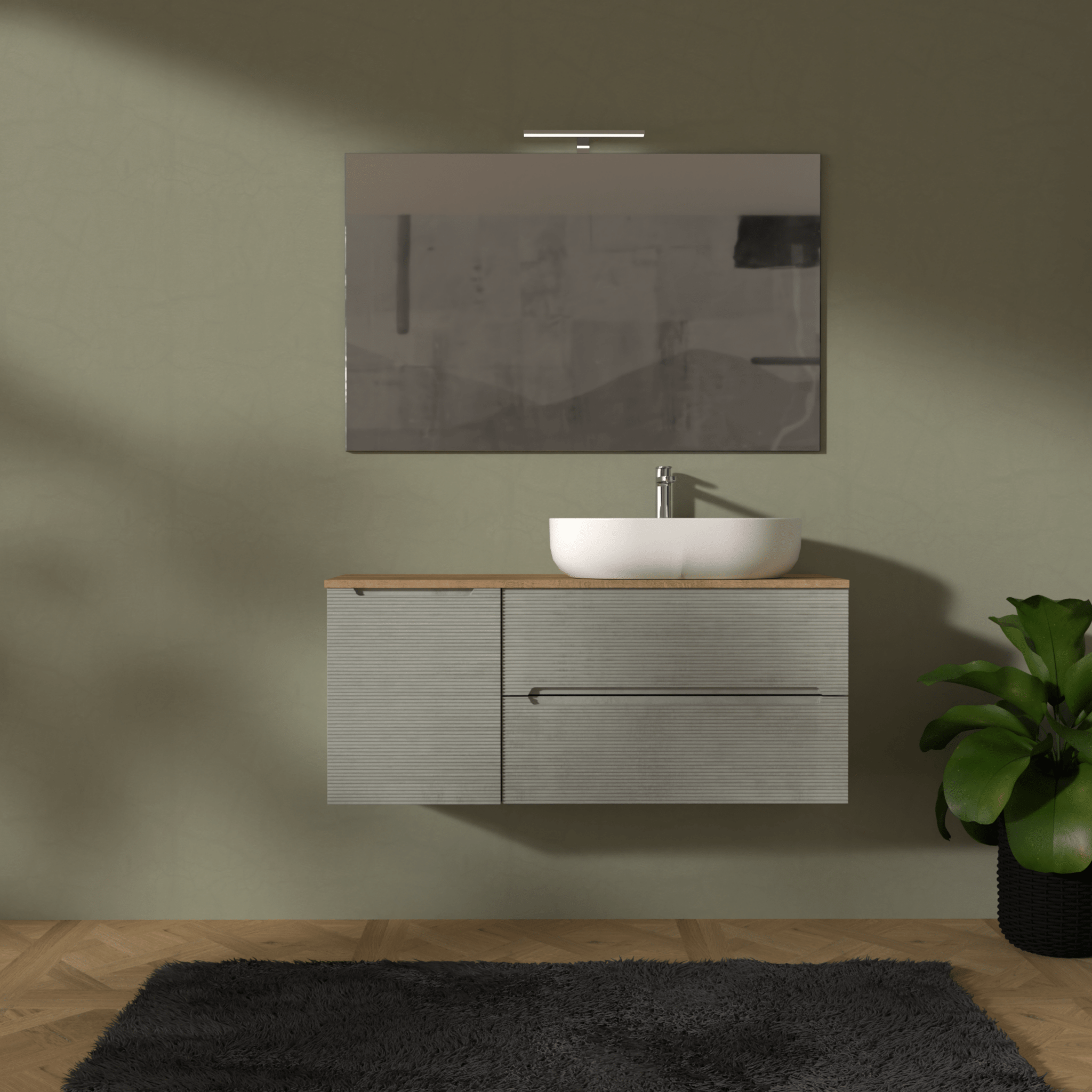 Mobile Bagno Sospeso Cannettato 120 Cm Due Cassetti Un'Anta e Top Specchio Con Lampada Led 70x120 Cm AdattoCasa "Rigo" Grigio Caldo/Rovere Farnia - Dabicasa