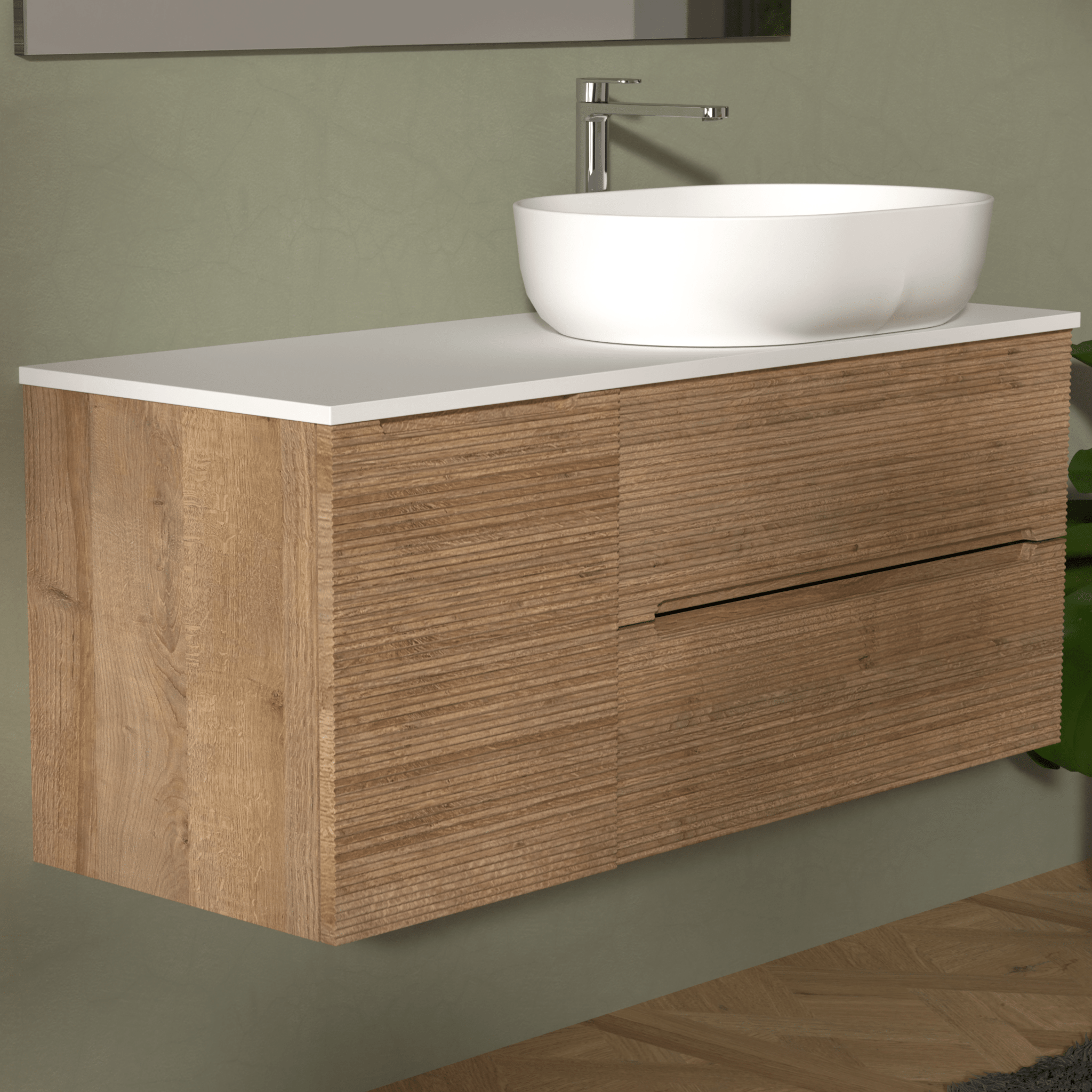 Mobile Bagno Sospeso Cannettato 120 Cm Due Cassetti Un'Anta e Top Specchio Con Lampada Led 70x120 Cm AdattoCasa "Rigo" Rovere Farnia/Bianco Neve - Dabicasa