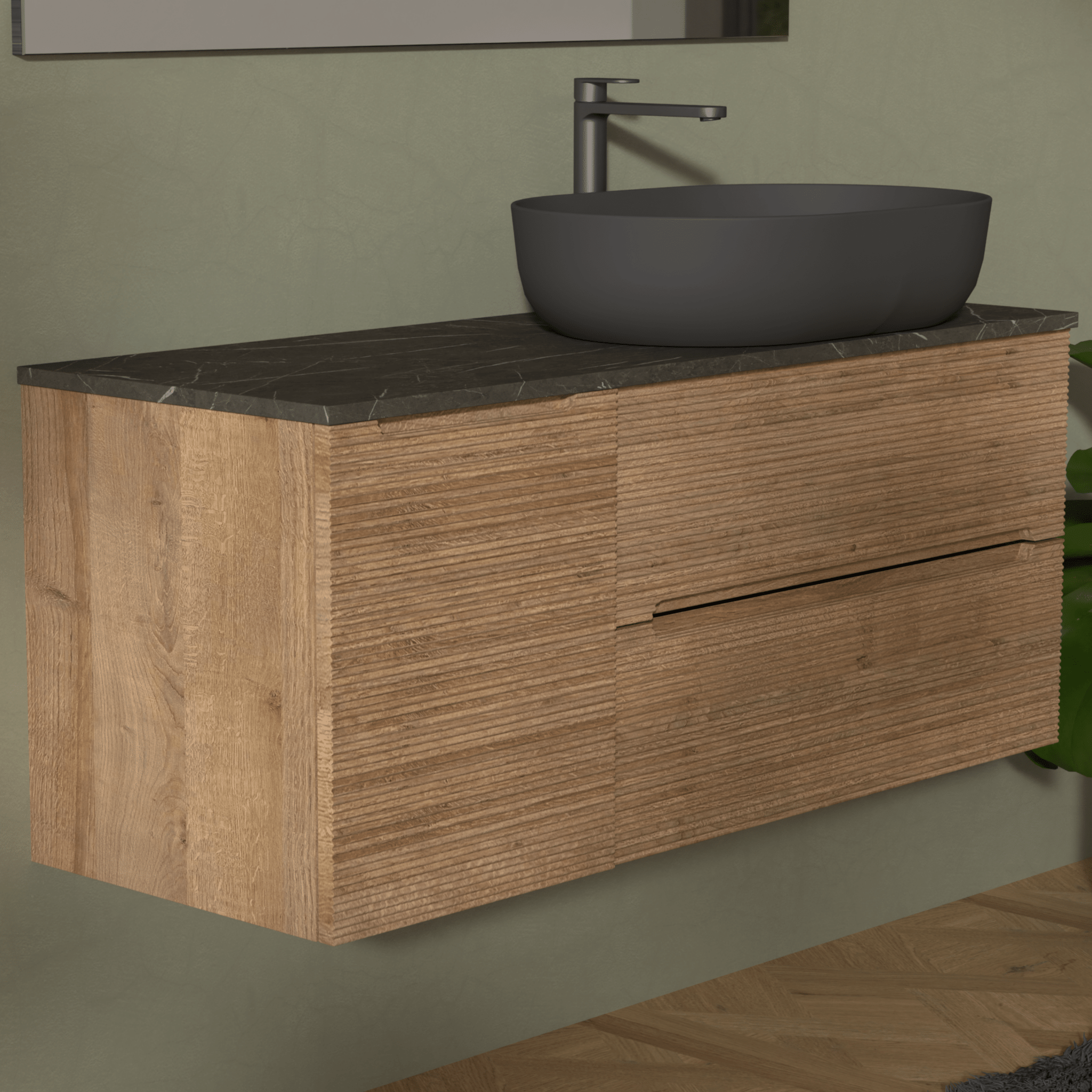 Mobile Bagno Sospeso Cannettato 120 Cm Due Cassetti Un'Anta e Top Specchio Con Lampada Led 70x120 Cm AdattoCasa "Rigo" Rovere Farnia/Grigio Italia - Dabicasa