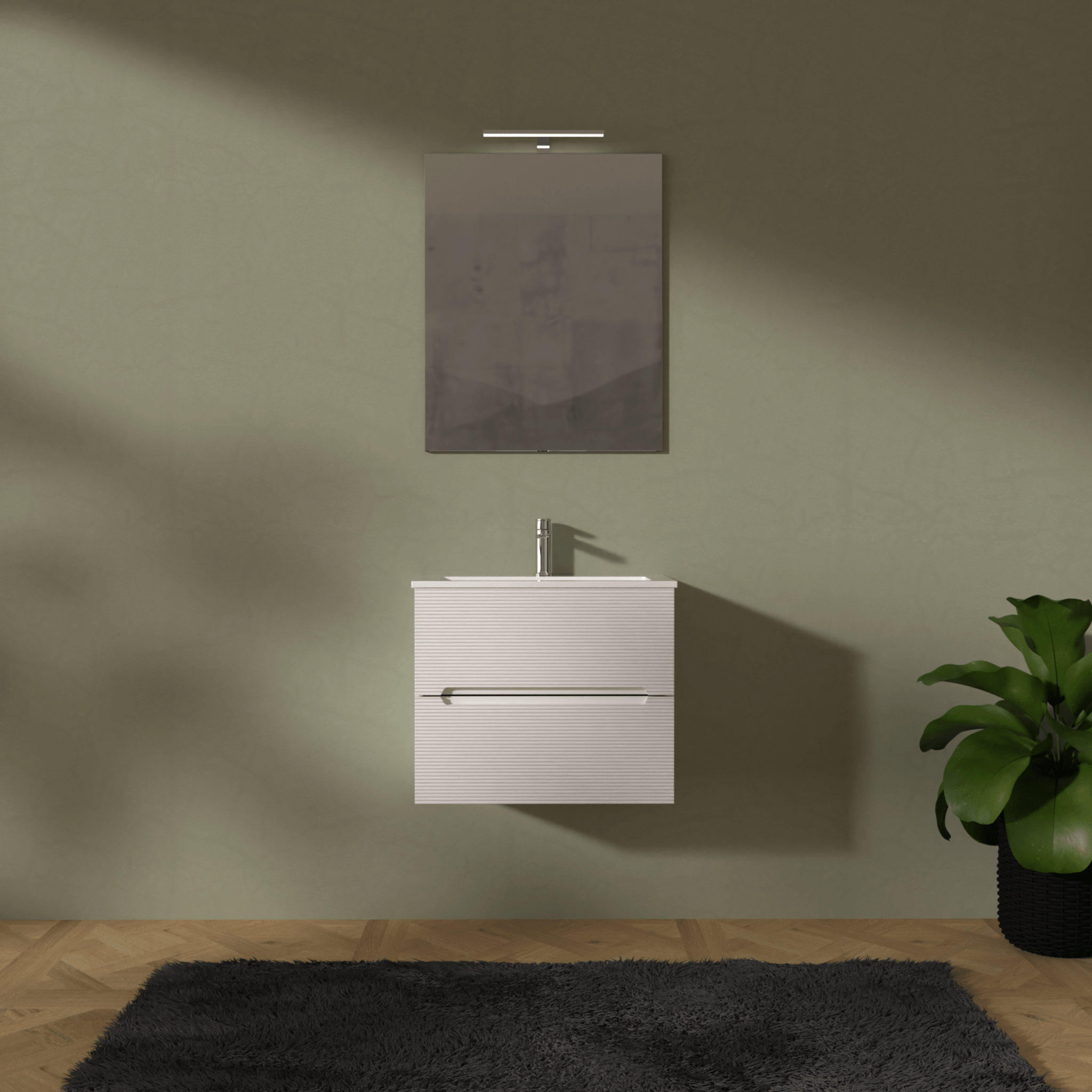 Mobile Bagno Sospeso Cannettato 60 Cm Due Cassetti Specchio Con Lampada Led 70x60 Cm "Rigo" Bianco Neve - Dabicasa