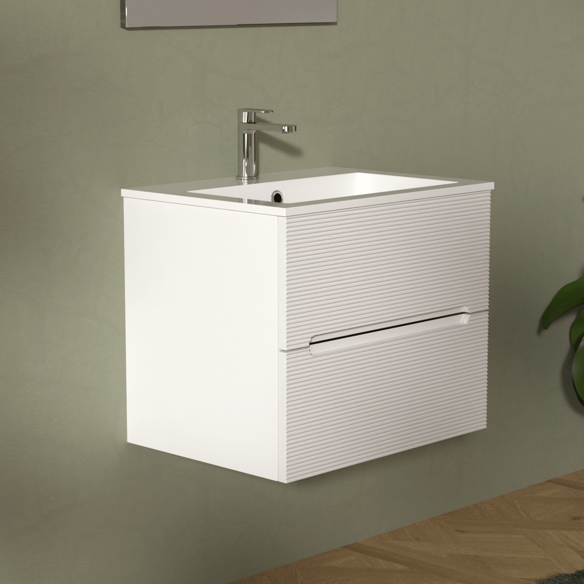 Mobile Bagno Sospeso Cannettato 60 Cm Due Cassetti Specchio Con Lampada Led 70x60 Cm "Rigo" Bianco Neve - Dabicasa