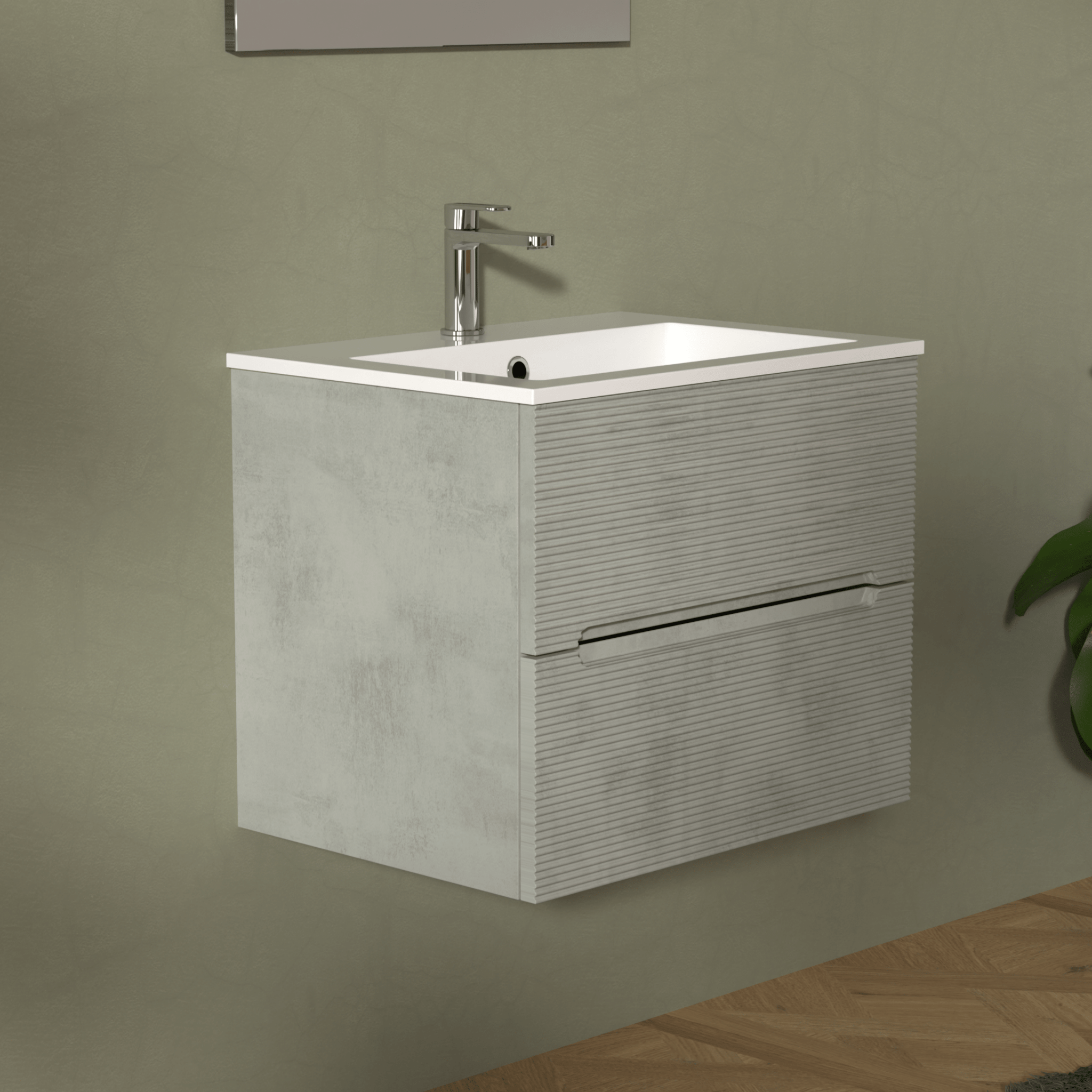 Mobile Bagno Sospeso Cannettato 60 Cm Due Cassetti Specchio Con Lampada Led 70x60 Cm "Rigo" Grigio Caldo - Dabicasa