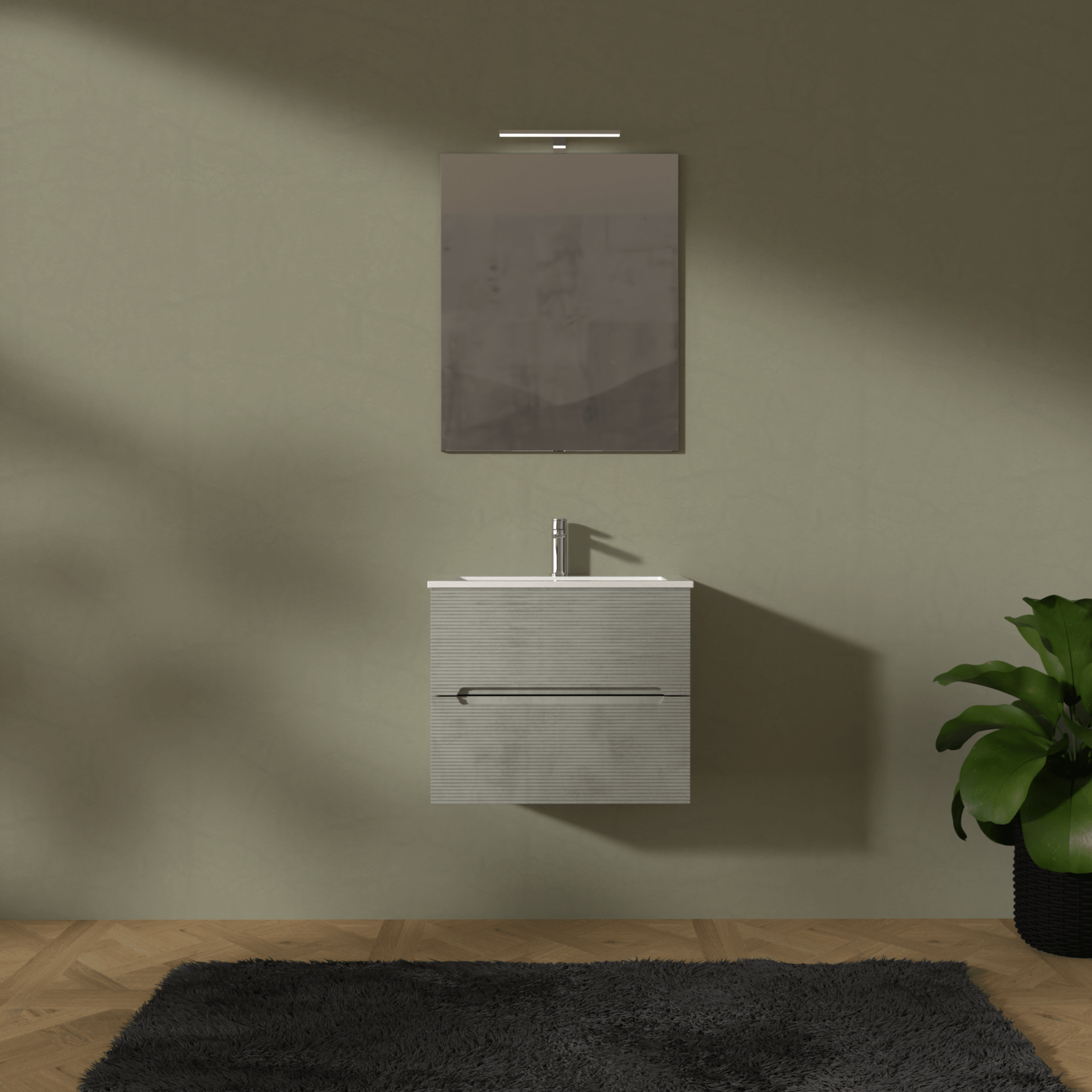 Mobile Bagno Sospeso Cannettato 60 Cm Due Cassetti Specchio Con Lampada Led 70x60 Cm "Rigo" Grigio Caldo - Dabicasa