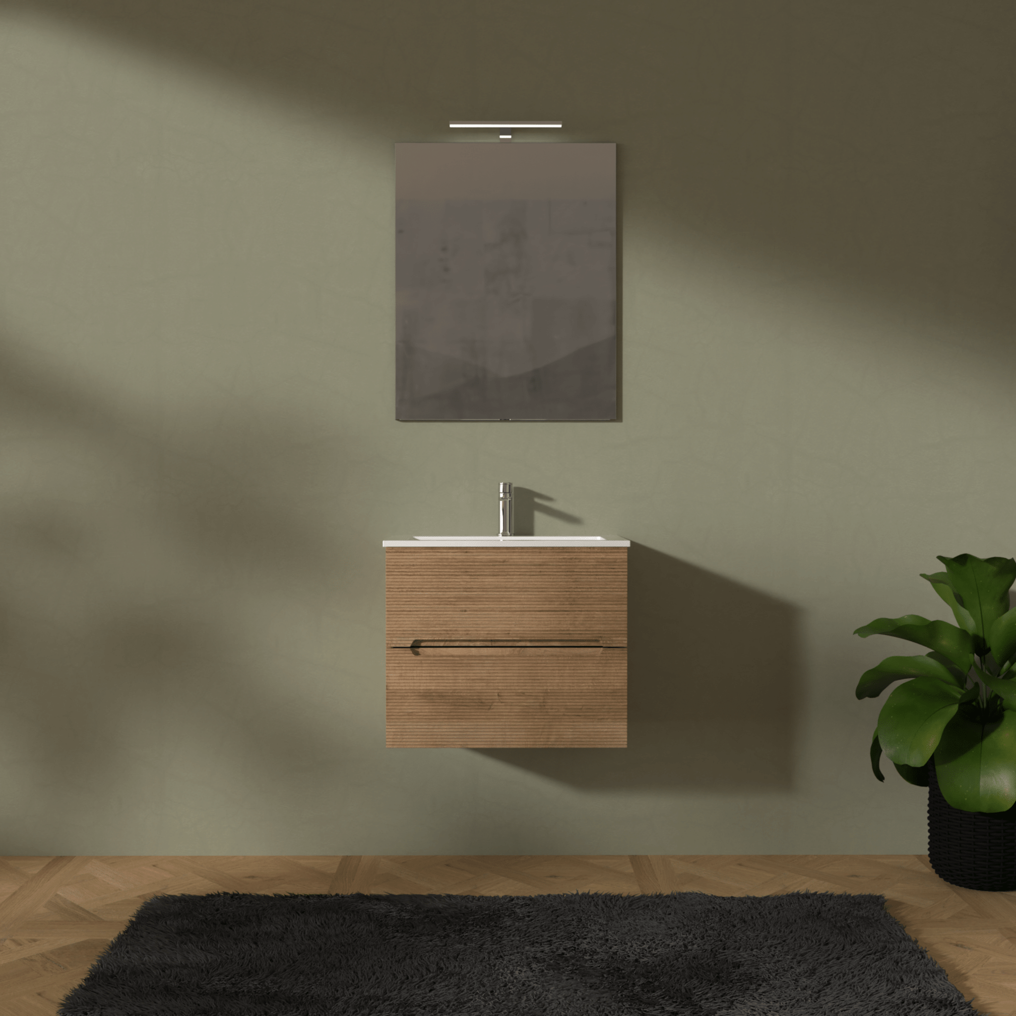 Mobile Bagno Sospeso Cannettato 60 Cm Due Cassetti Specchio Con Lampada Led 70x60 Cm "Rigo" Rovere Farnia - Dabicasa