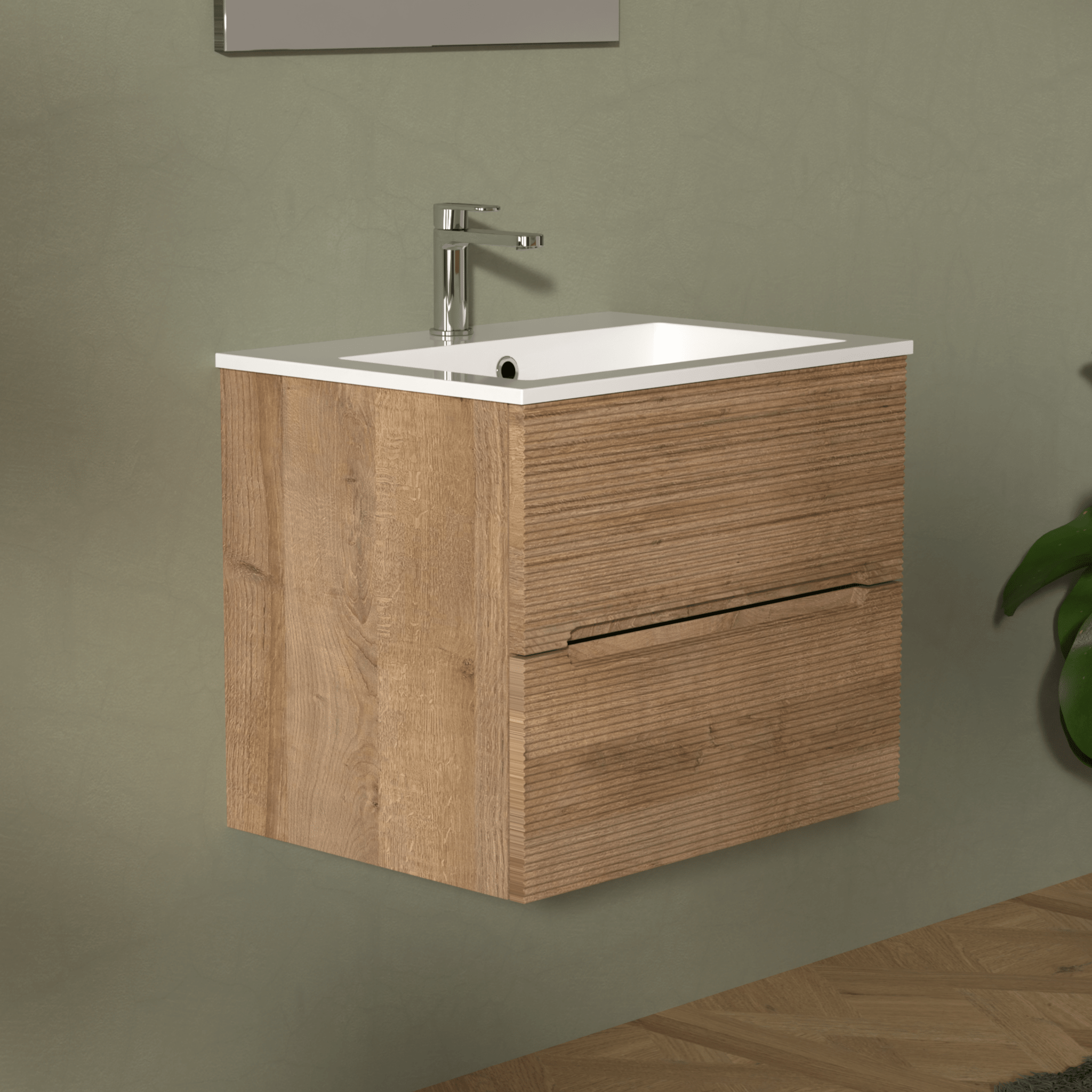 Mobile Bagno Sospeso Cannettato 60 Cm Due Cassetti Specchio Con Lampada Led 70x60 Cm "Rigo" Rovere Farnia - Dabicasa