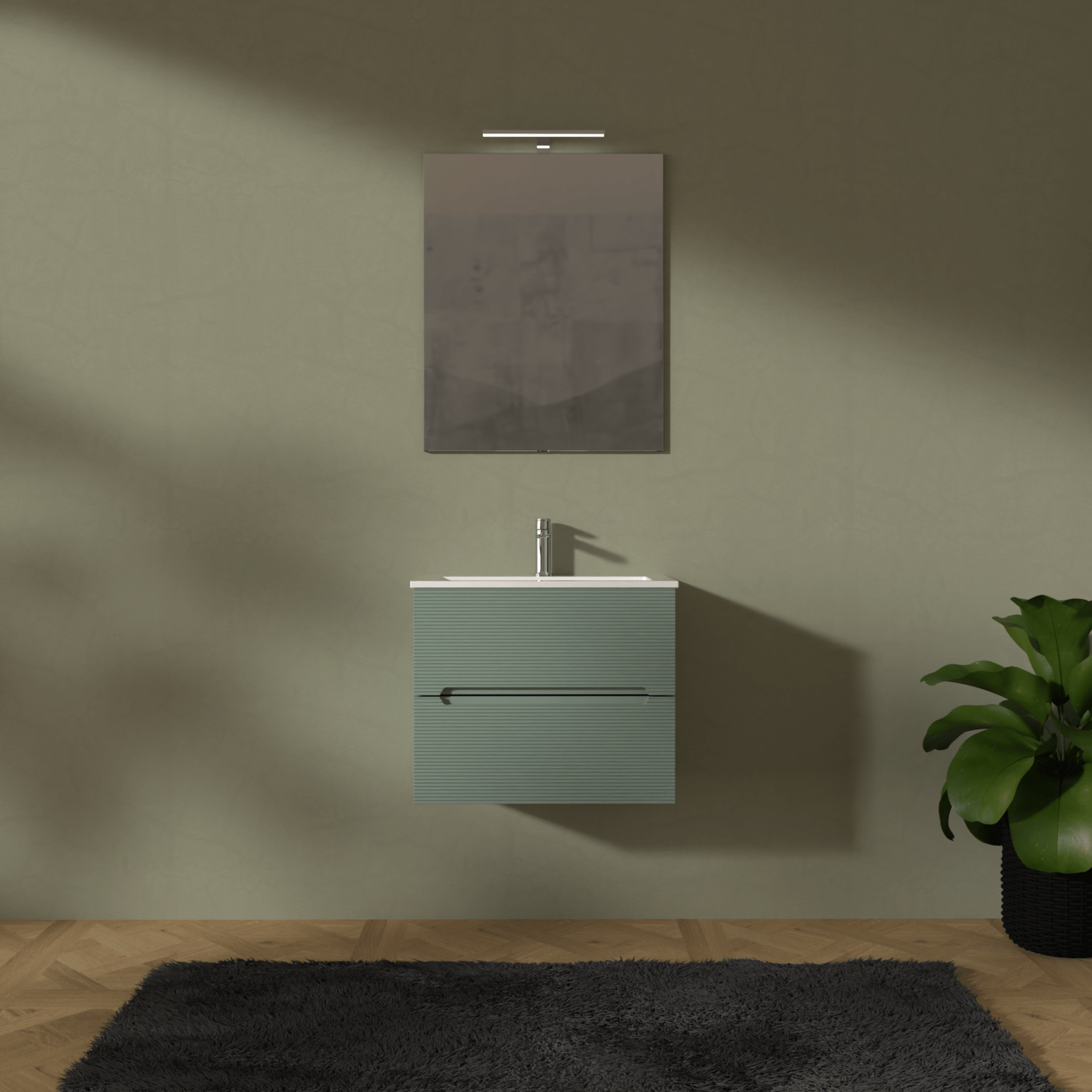 Mobile Bagno Sospeso Cannettato 60 Cm Due Cassetti Specchio Con Lampada Led 70x60 Cm "Rigo" Verde Salvia - Dabicasa