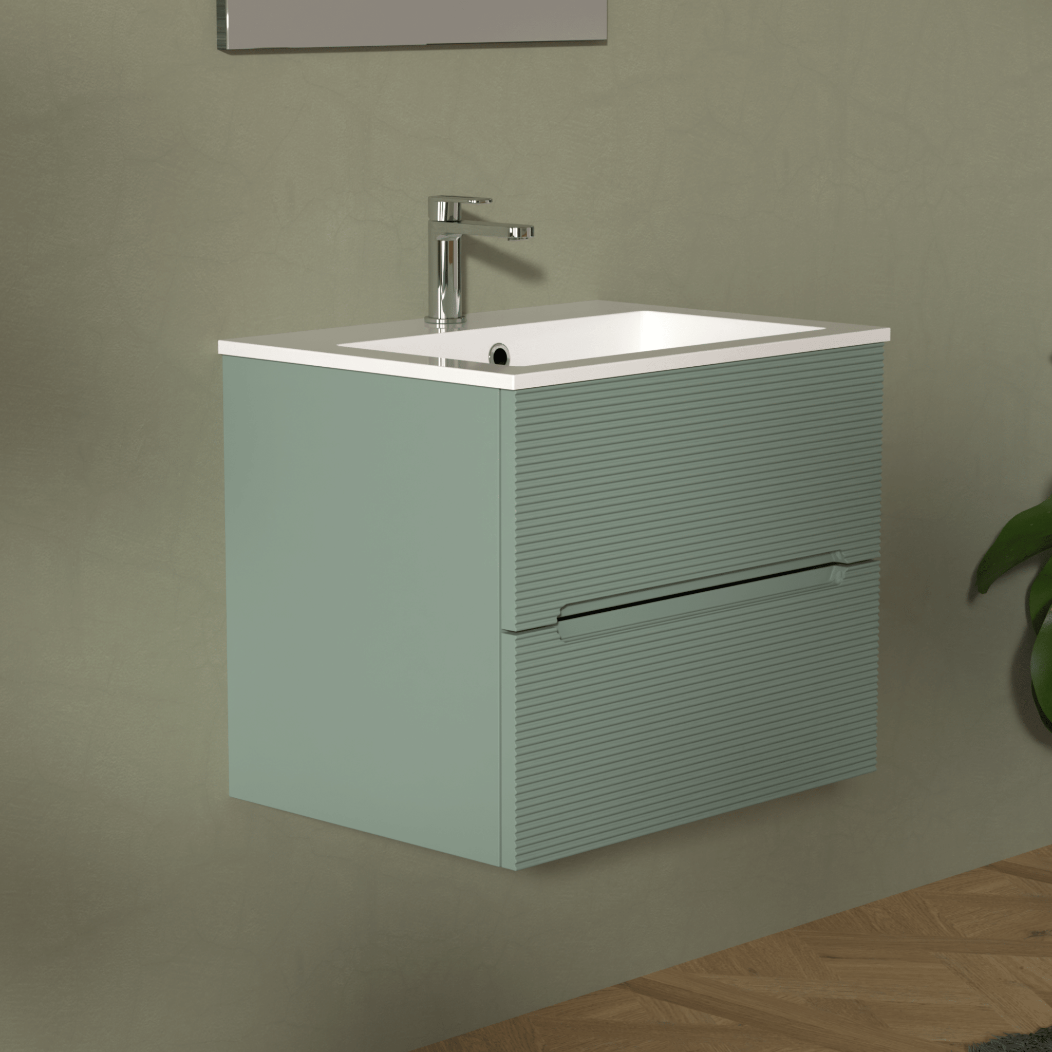 Mobile Bagno Sospeso Cannettato 60 Cm Due Cassetti Specchio Con Lampada Led 70x60 Cm "Rigo" Verde Salvia - Dabicasa