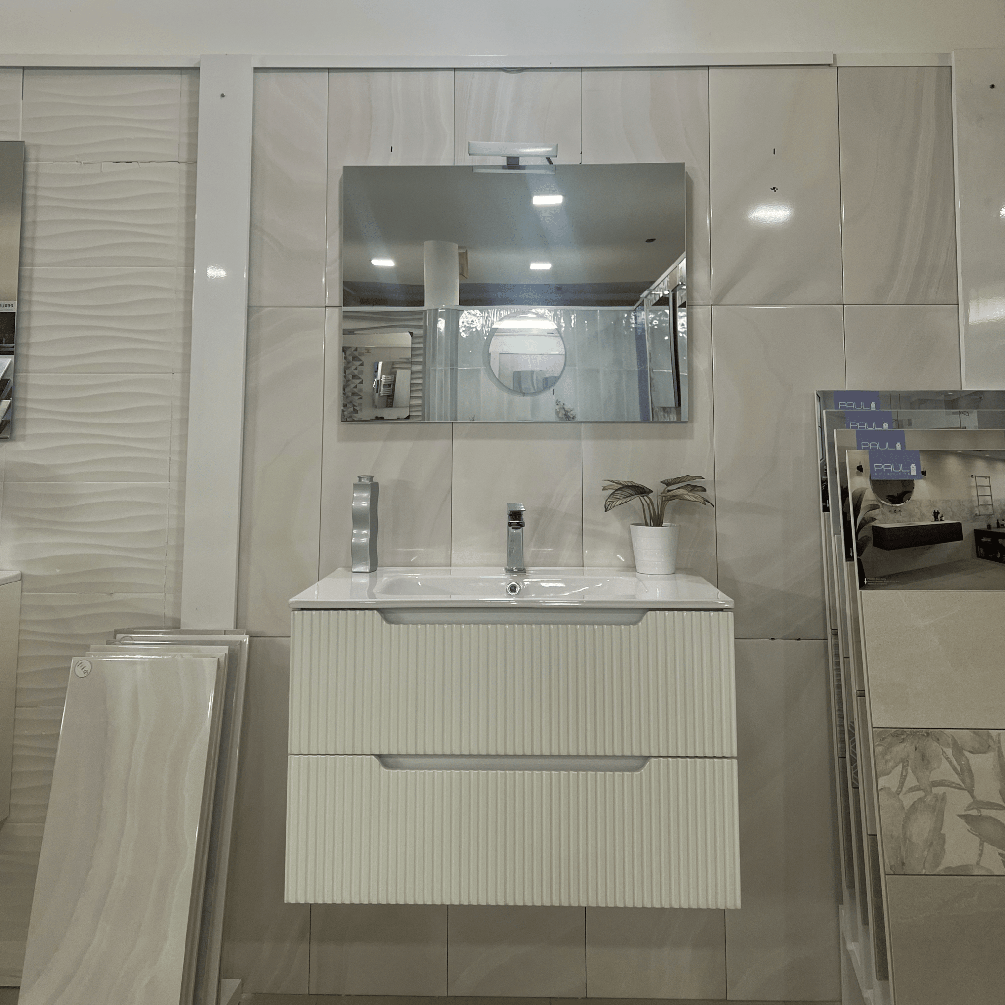 Mobile Bagno Sospeso Cannettato 80 Cm Due Cassetti Specchio Con Lampada Led 60x80 Cm Savini Due "Ibiza" Bianco Lucido - Dabicasa