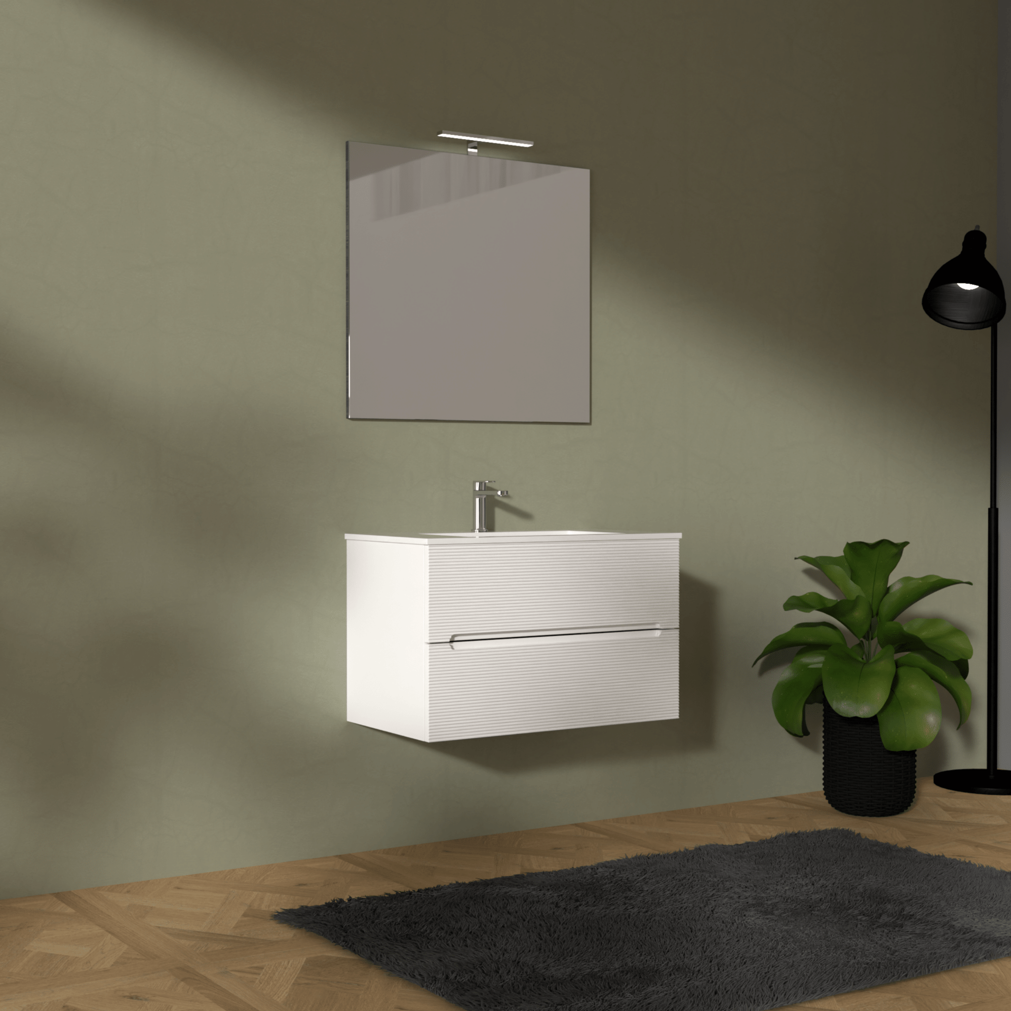 Mobile Bagno Sospeso Cannettato 80 Cm Due Cassetti Specchio Con Lampada Led 70x80 Cm "Rigo" Bianco Neve - Dabicasa
