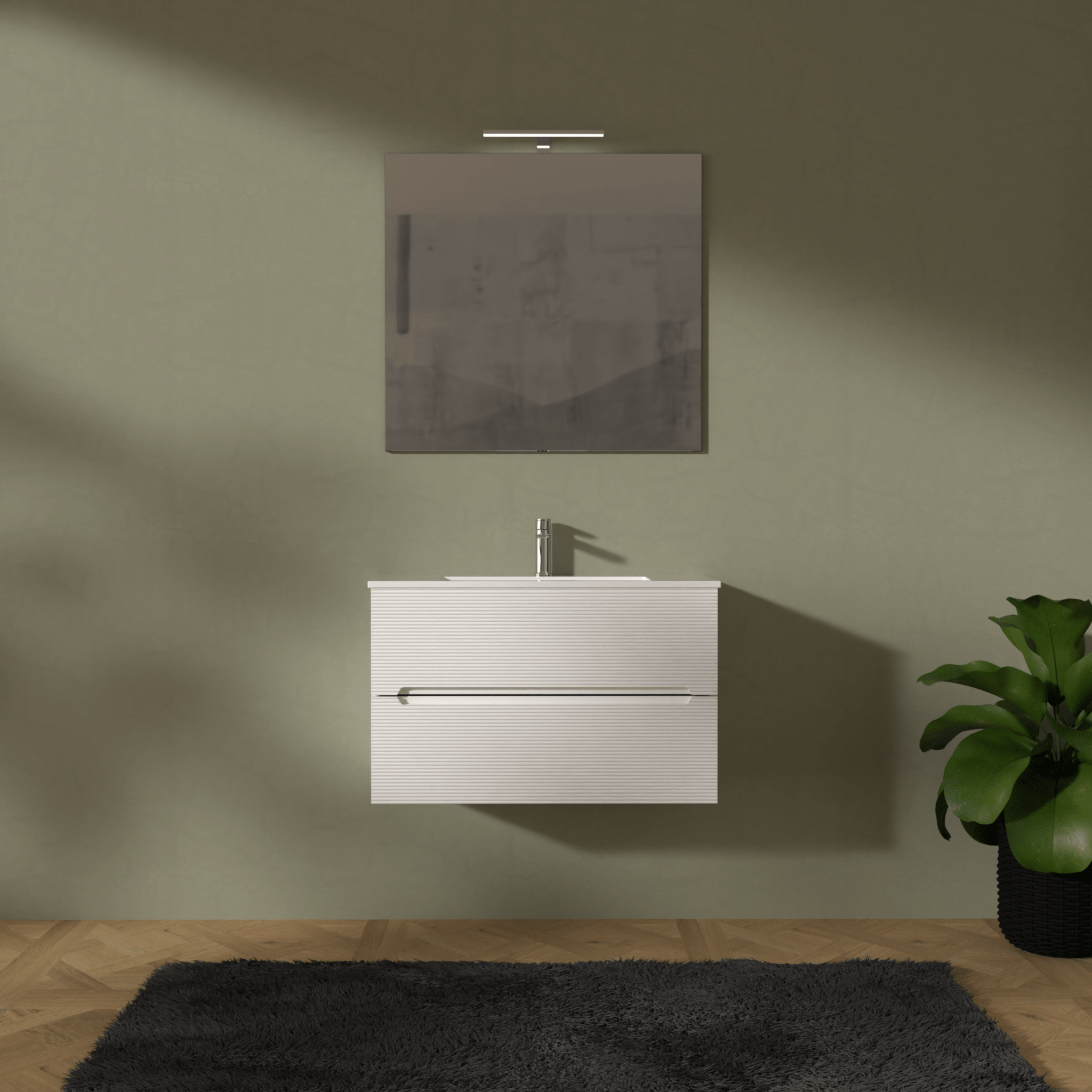 Mobile Bagno Sospeso Cannettato 80 Cm Due Cassetti Specchio Con Lampada Led 70x80 Cm "Rigo" Bianco Neve - Dabicasa