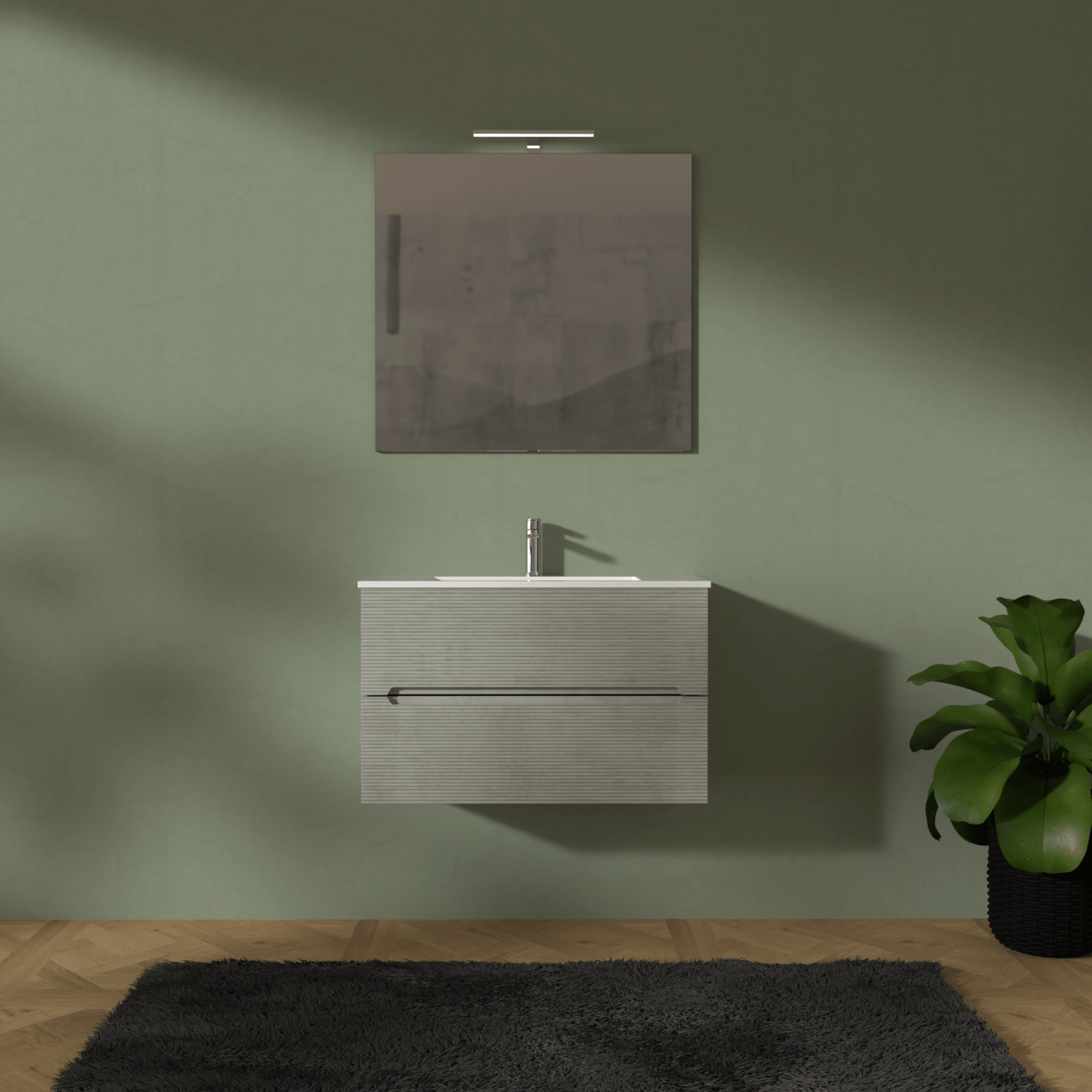 Mobile Bagno Sospeso Cannettato 80 Cm Due Cassetti Specchio Con Lampada Led 70x80 Cm "Rigo" Grigio Caldo - Dabicasa