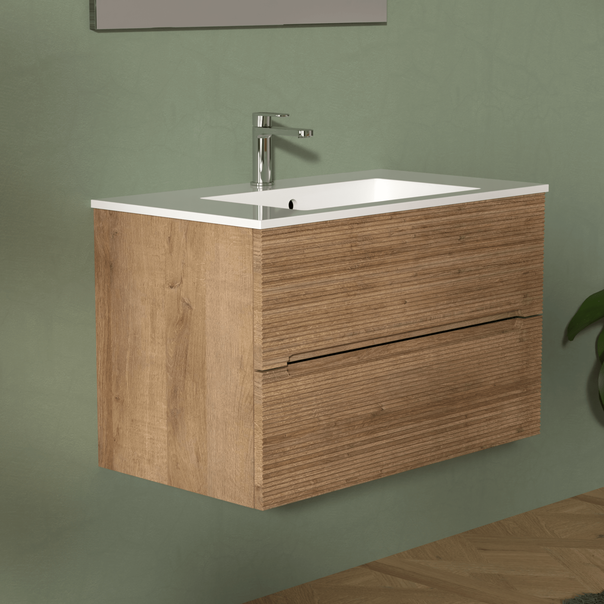 Mobile Bagno Sospeso Cannettato 80 Cm Due Cassetti Specchio Con Lampada Led 70x80 Cm "Rigo" Rovere Farnia - Dabicasa