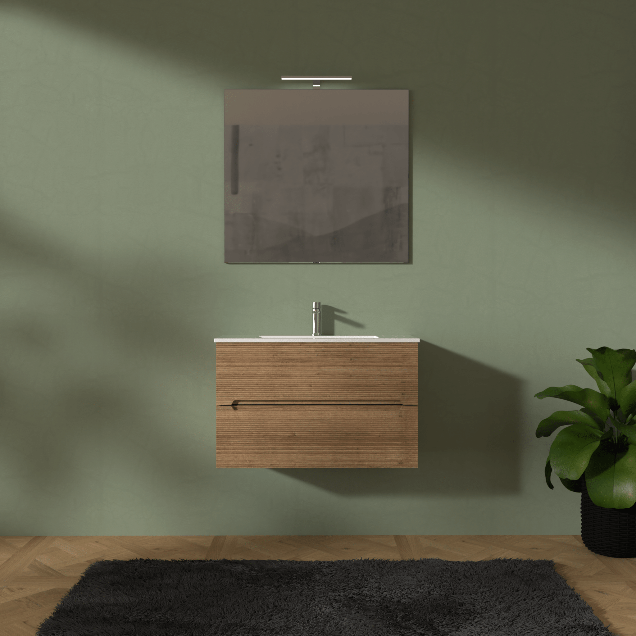 Mobile Bagno Sospeso Cannettato 80 Cm Due Cassetti Specchio Con Lampada Led 70x80 Cm "Rigo" Rovere Farnia - Dabicasa