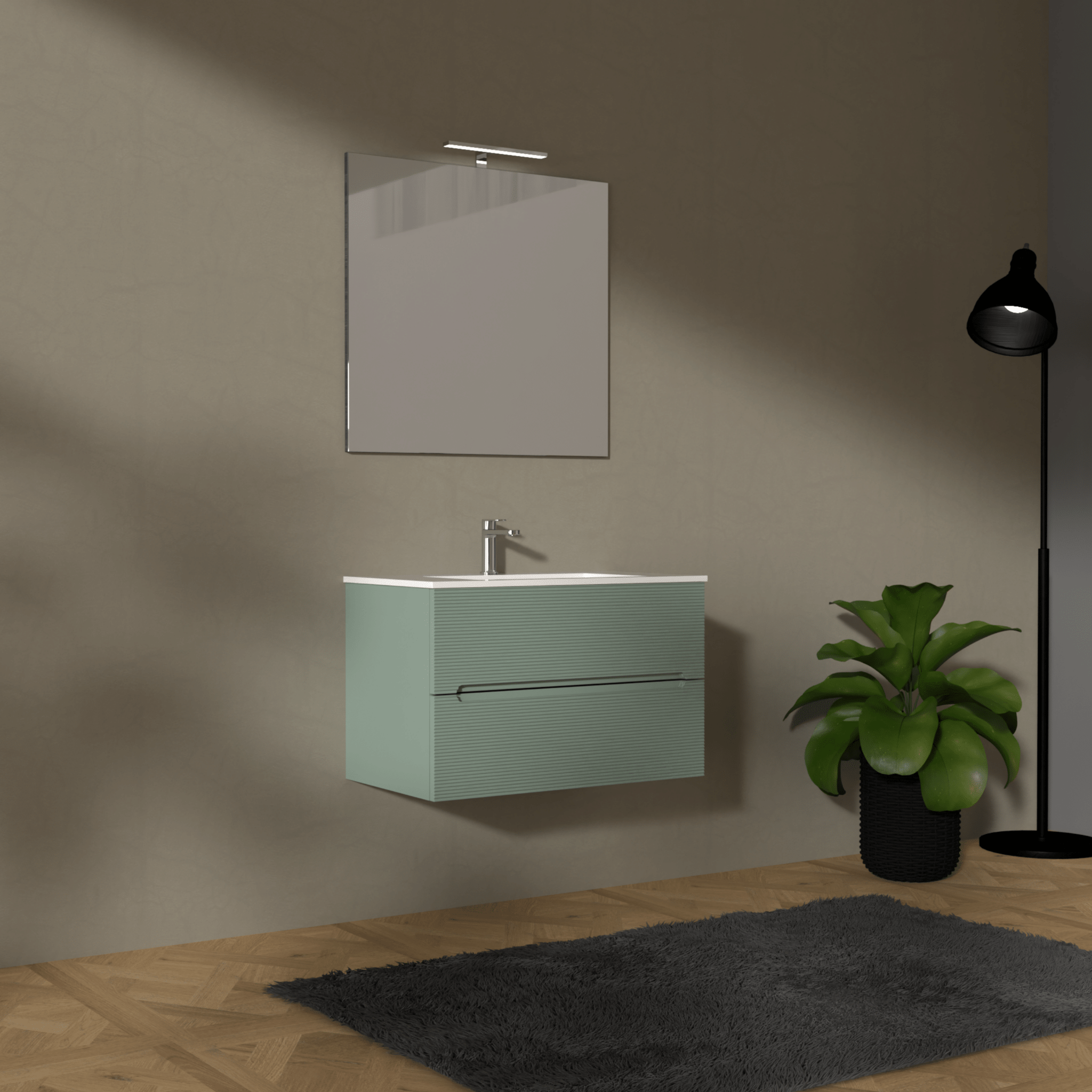 Mobile Bagno Sospeso Cannettato 80 Cm Due Cassetti Specchio Con Lampada Led 70x80 Cm "Rigo" Verde Salvia - Dabicasa