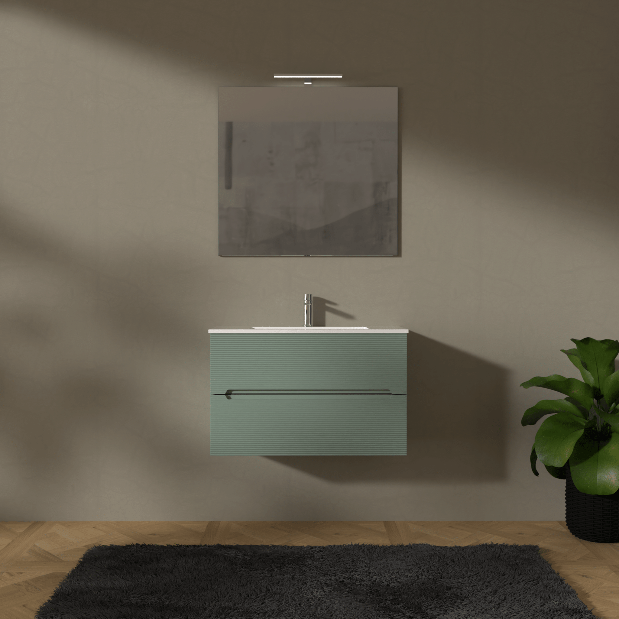 Mobile Bagno Sospeso Cannettato 80 Cm Due Cassetti Specchio Con Lampada Led 70x80 Cm "Rigo" Verde Salvia - Dabicasa