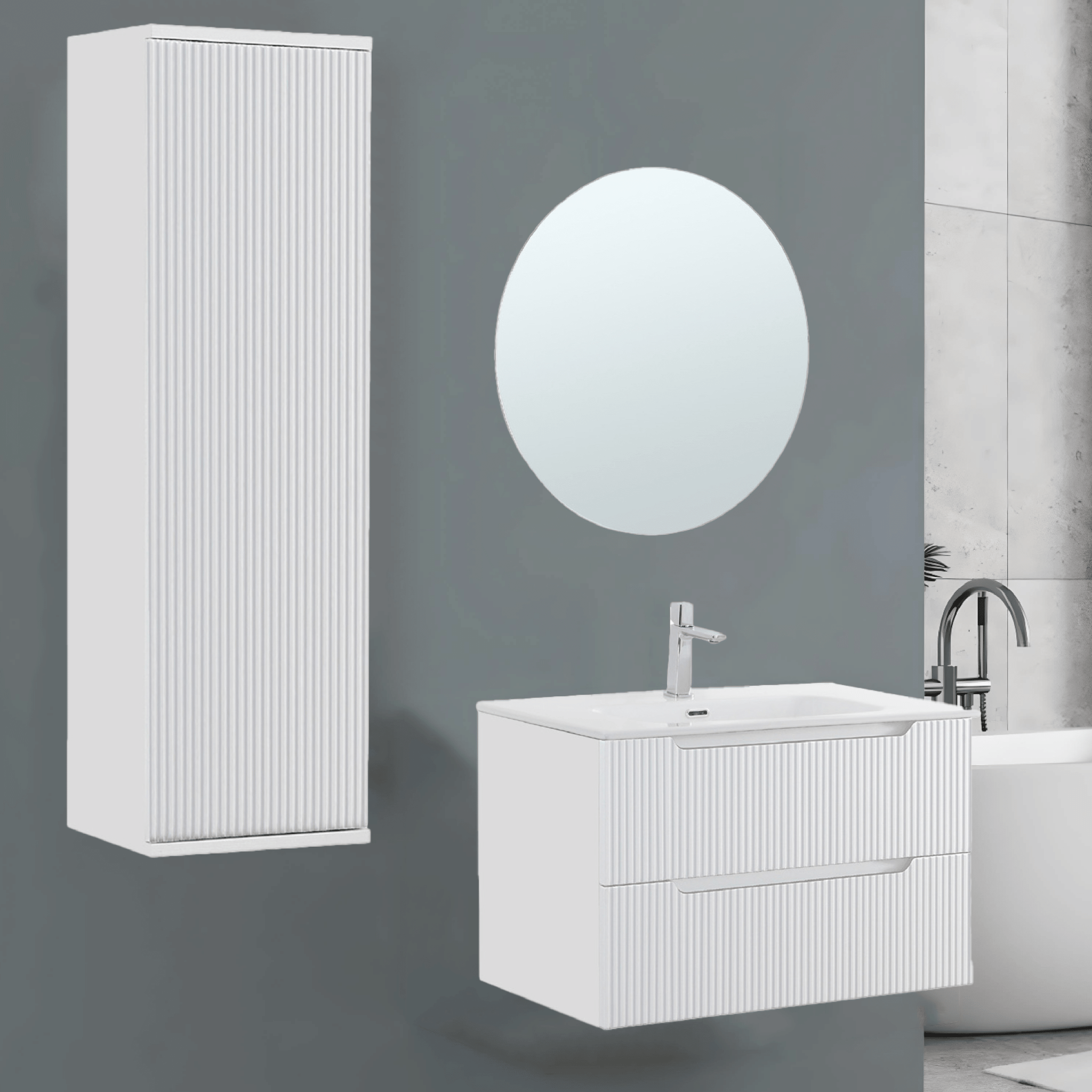 Mobile Bagno Sospeso Cannettato 80 Cm Due Cassetti Specchio Feridras "Kannè" Bianco Opaco - Dabicasa