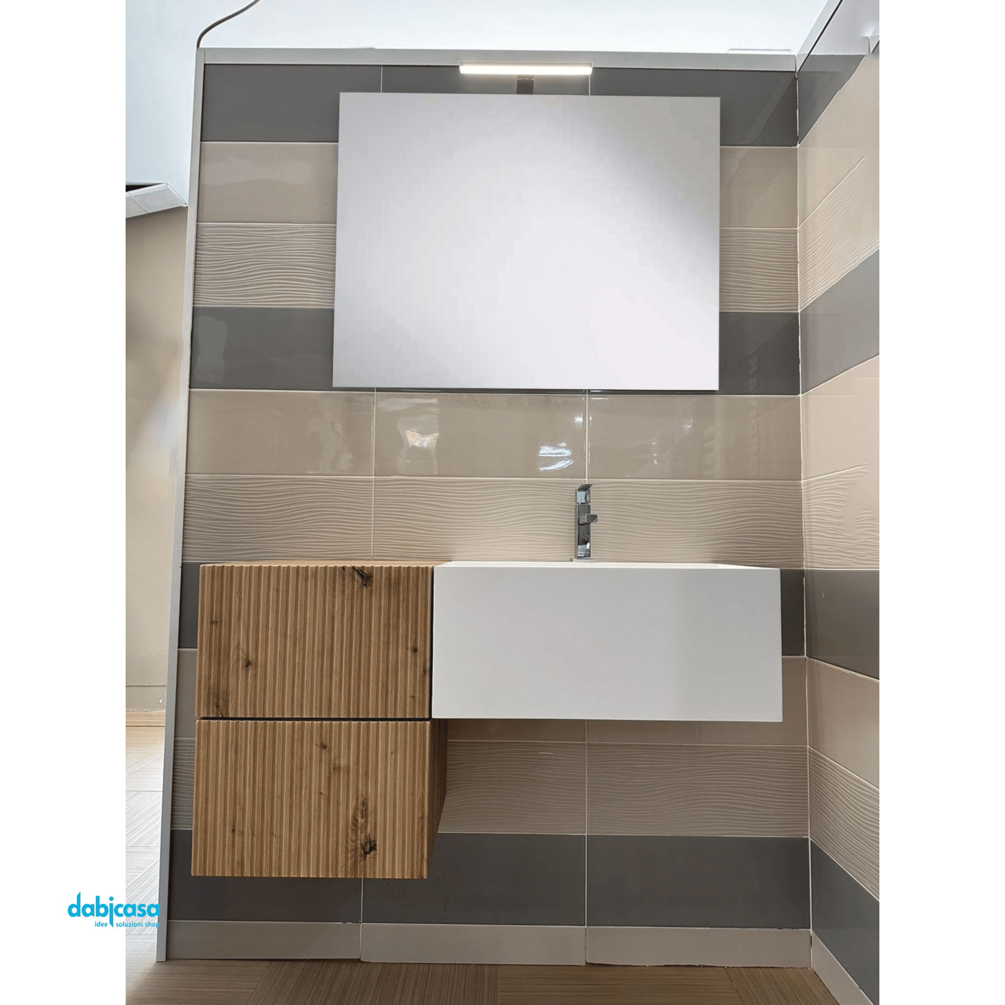 Mobile Bagno Sospeso Cannettato "Roma" Da 100 Cm Composto Da Due Cubotti Lavabo E Specchio Finitura Rovere Oro - Dabicasa