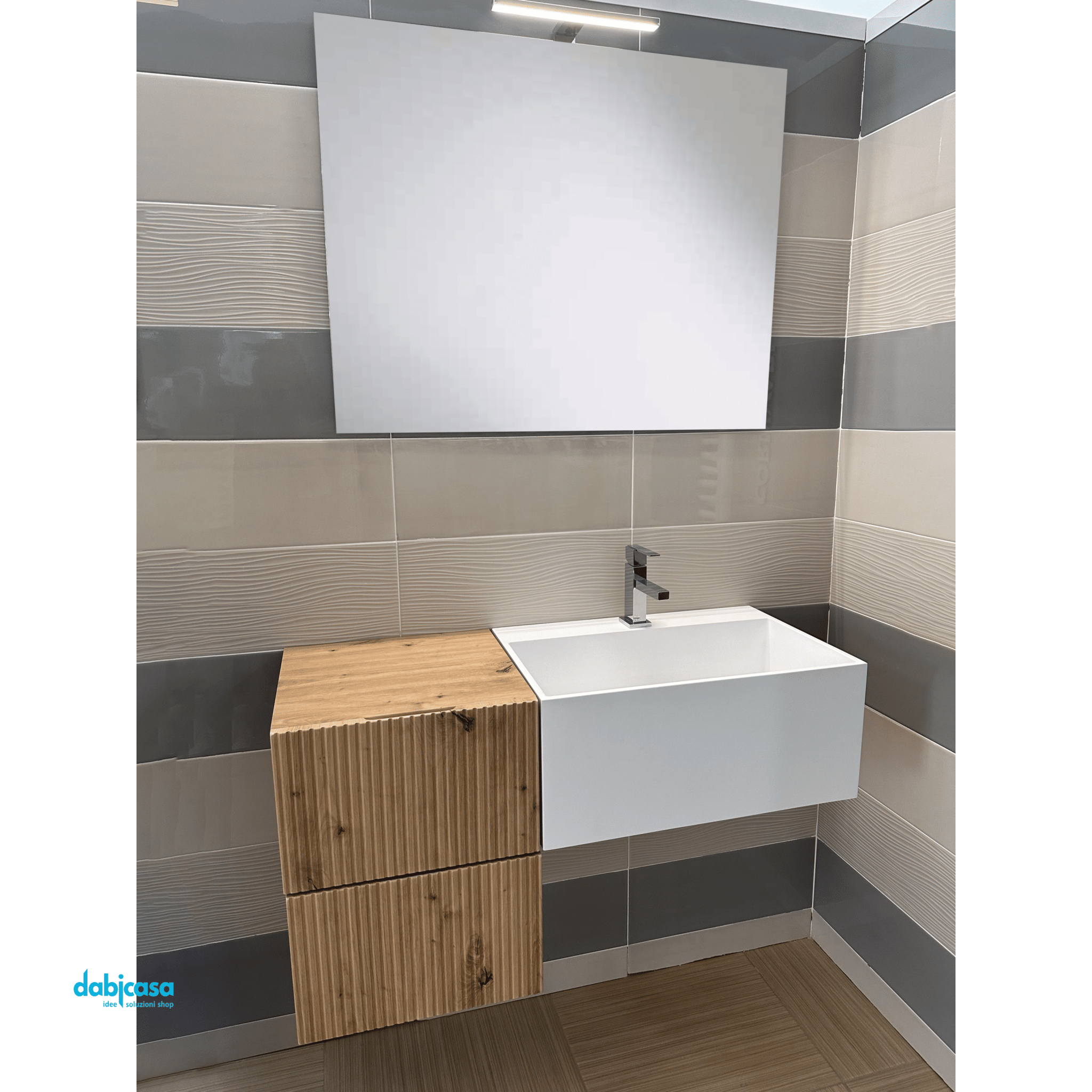 Mobile Bagno Sospeso Cannettato "Roma" Da 100 Cm Composto Da Due Cubotti Lavabo E Specchio Finitura Rovere Oro - Dabicasa