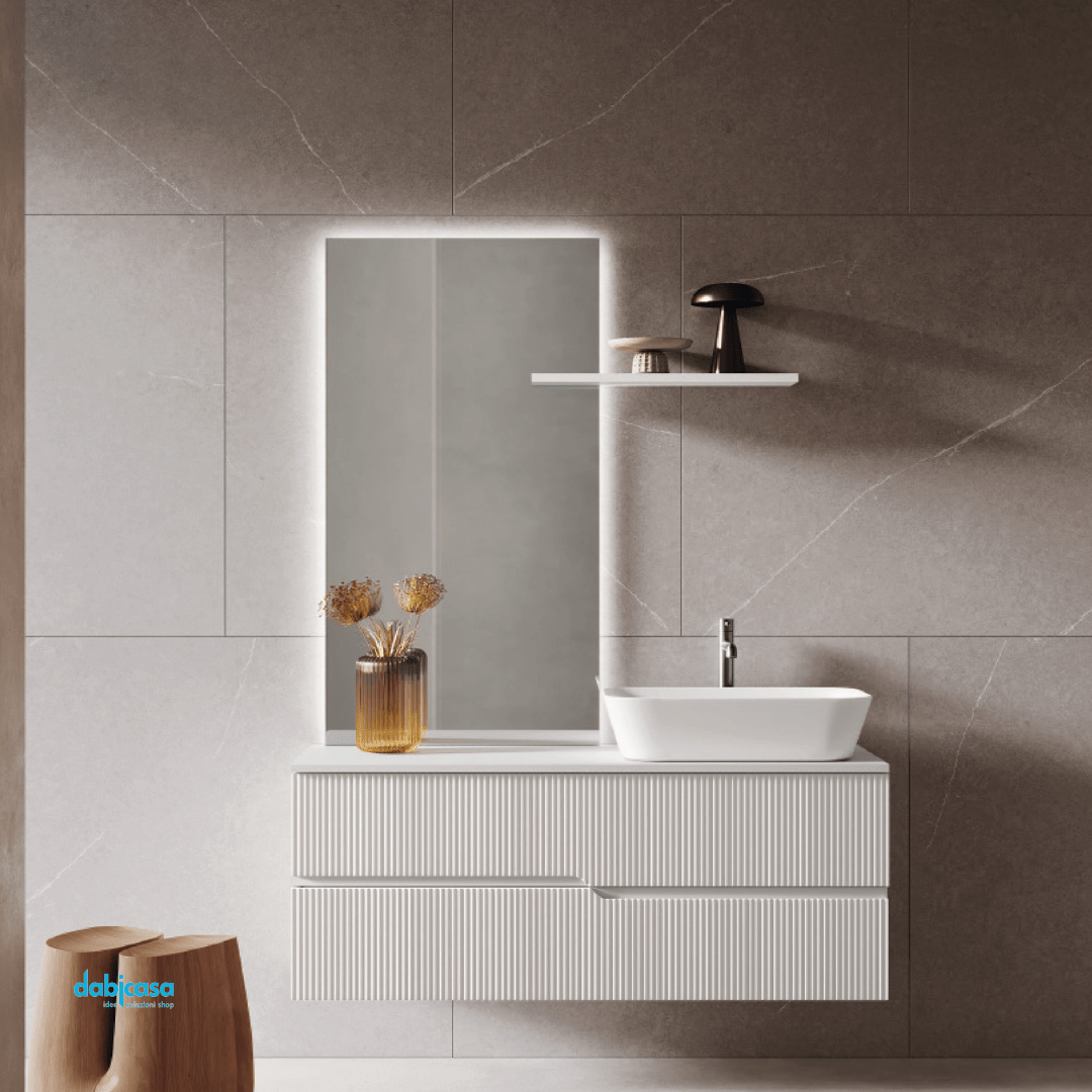 Mobile Bagno Sospeso Cannettato "Victor" Da 100 Cm Composto Da Due Cassetti Lavabo E Specchio - Dabicasa