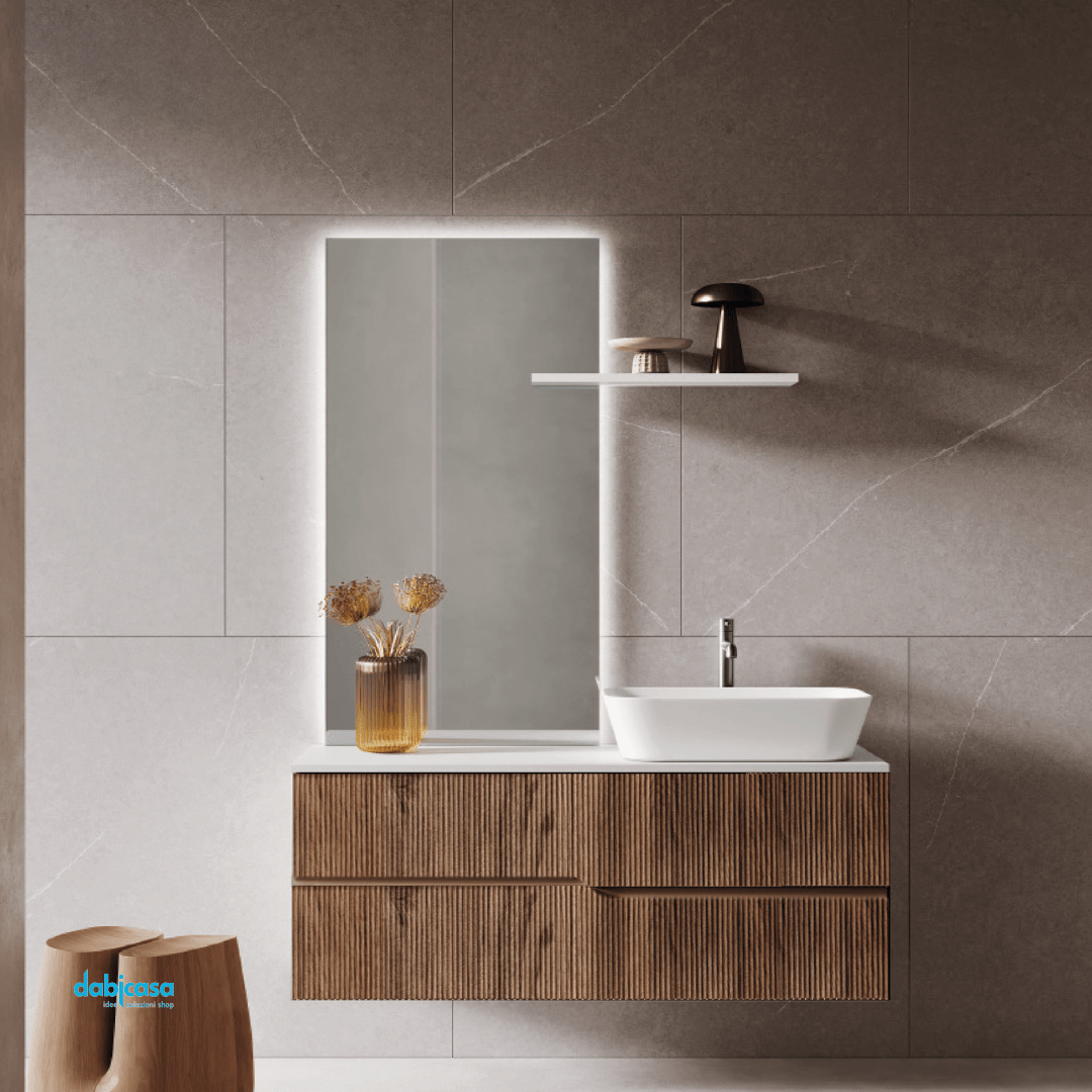 Mobile Bagno Sospeso Cannettato "Victor" Da 60 Cm Composto Da Due Cassetti Lavabo E Specchio - Dabicasa