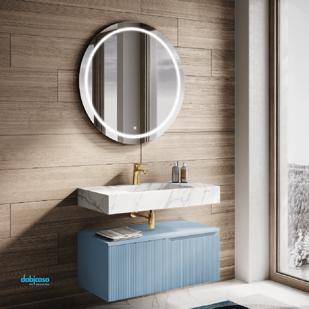 Mobile Bagno Sospeso Cannettato "Victor" Da 90 Cm Composto Da Un Cassetto Mensolone Top Lavabo E Specchio - Dabicasa