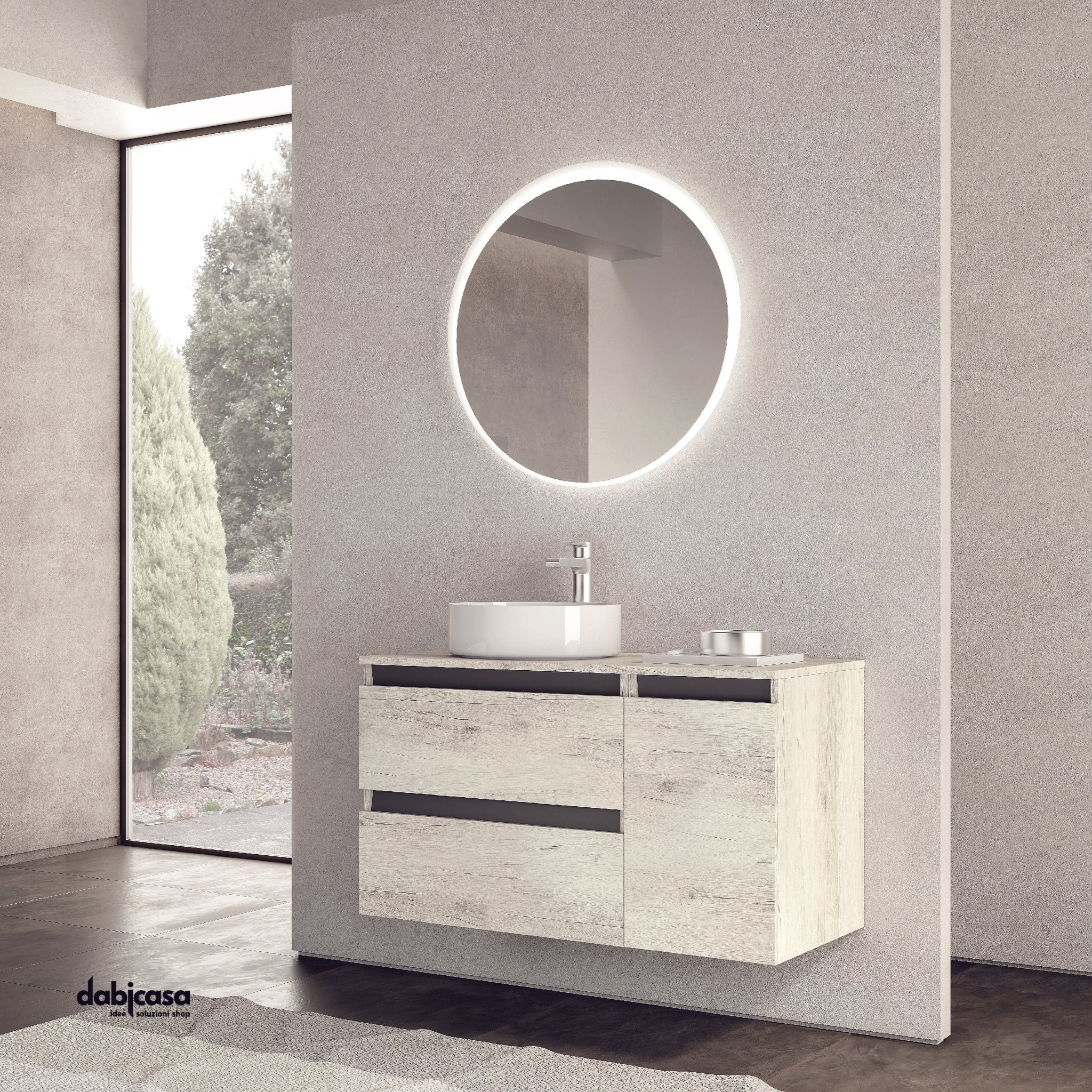 Mobile Bagno Sospeso "Cube 2" Da 90 Cm Composto Da Due Cassetti Ed Un'Anta Lavabo E Specchio - Dabicasa