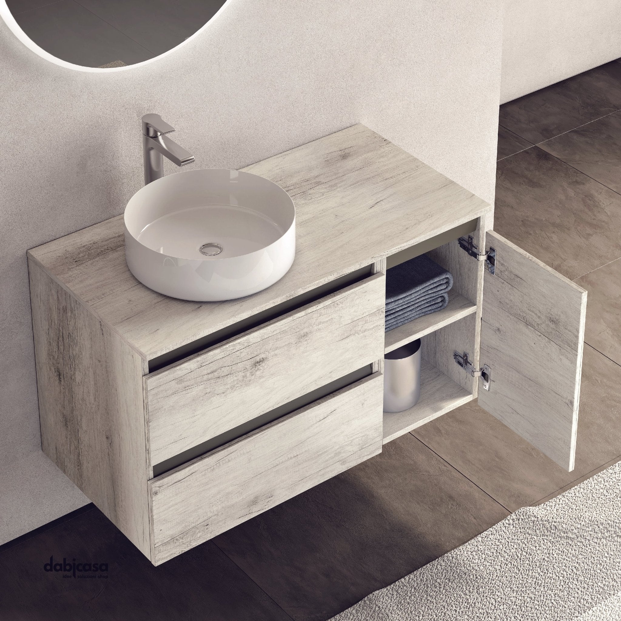 Mobile Bagno Sospeso "Cube 2" Da 90 Cm Composto Da Due Cassetti Ed Un'Anta Lavabo E Specchio - Dabicasa