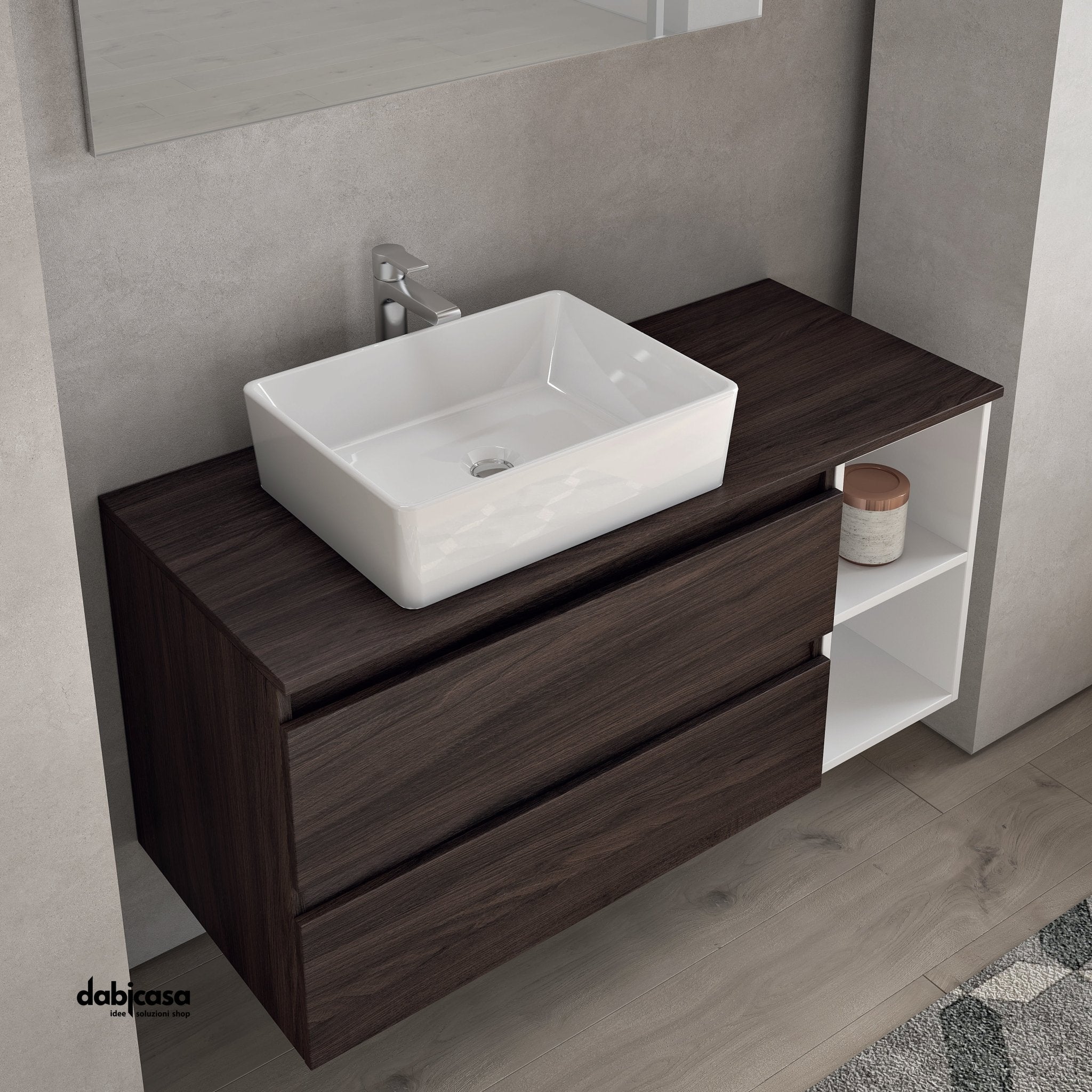 Mobile Bagno Sospeso "Cube 3" Da 111 Cm Composto Da Due Cassetti C/Vano a Giorno Lavabo E Specchio Con Lampada Led - Dabicasa