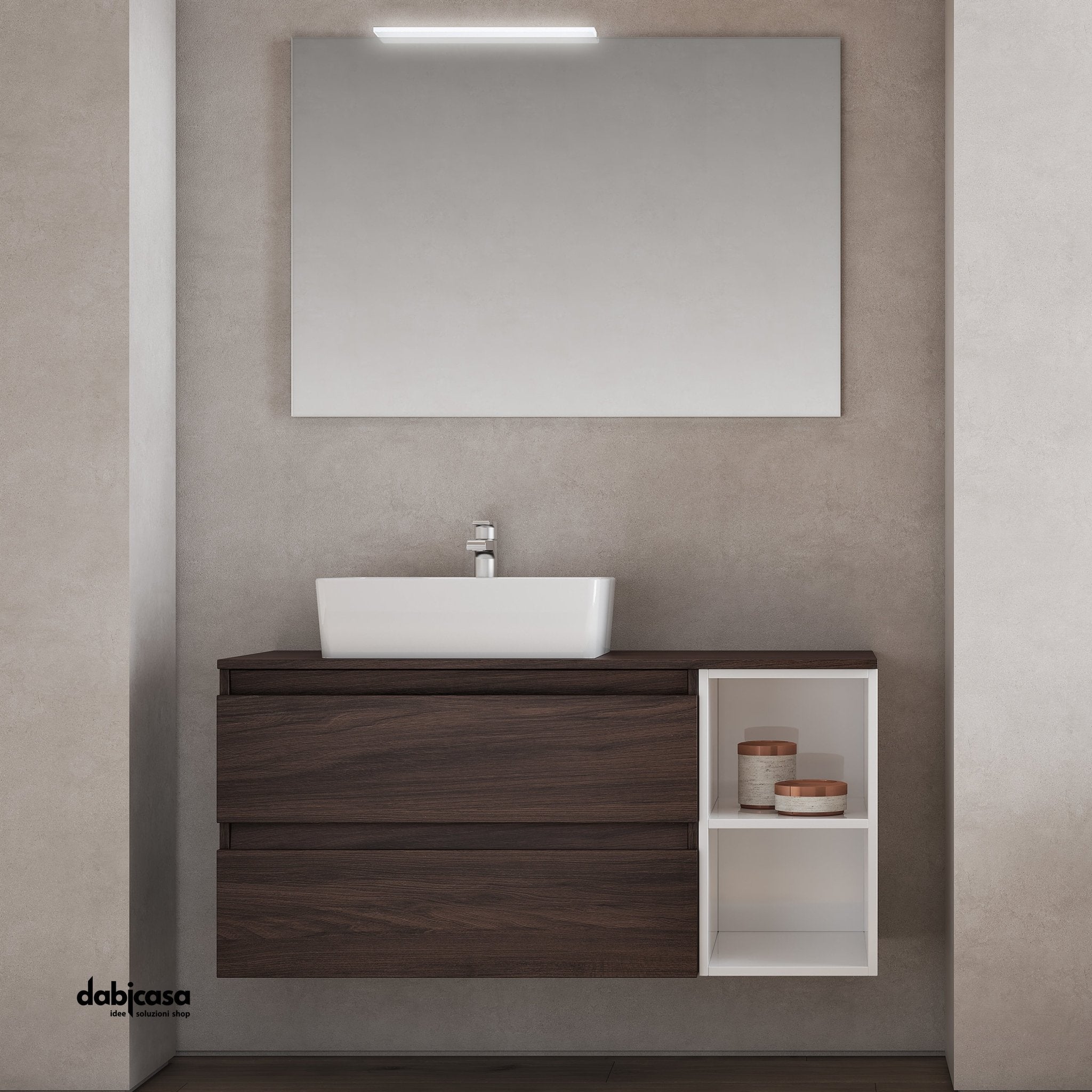 Mobile Bagno Sospeso "Cube 3" Da 111 Cm Composto Da Due Cassetti C/Vano a Giorno Lavabo E Specchio Con Lampada Led - Dabicasa