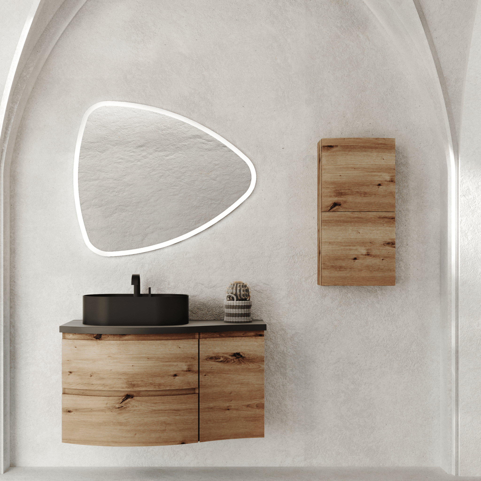 Mobile Bagno Sospeso Curvo 105 Cm Due Cassetti Un Anta Specchio Con Illuminazione Led Savini Due "Dolce Vita" Rovere Oro/Grigio - Dabicasa
