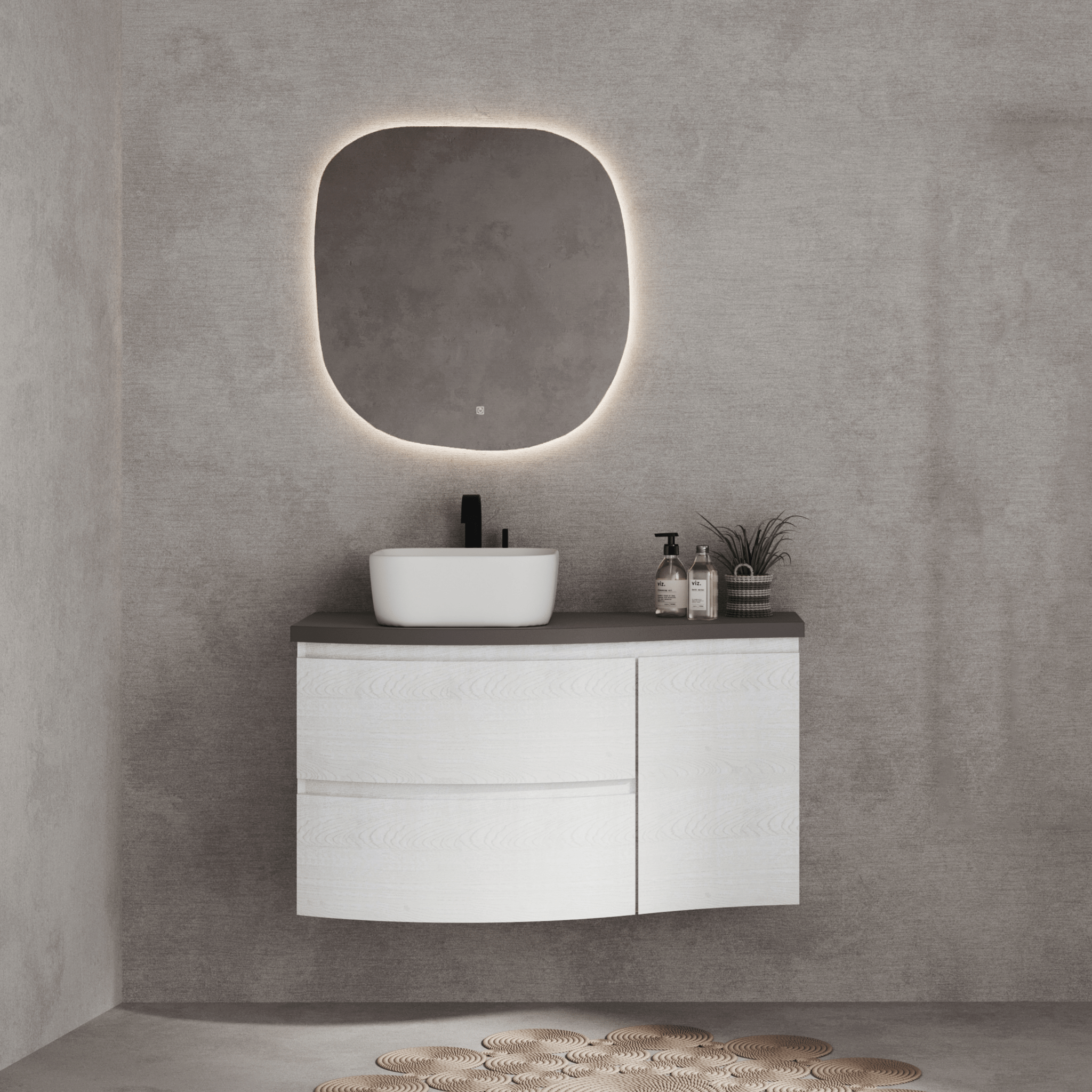 Mobile Bagno Sospeso Curvo 105 Cm Due Cassetti Un'Anta Specchio Con Illuminazione Led Savini Due "Dolce Vita" Alaska/Grigio Scuro - Dabicasa