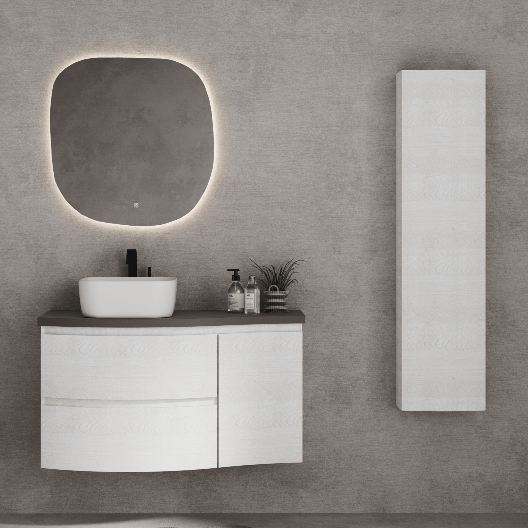 Mobile Bagno Sospeso Curvo 105 Cm Due Cassetti Un'Anta Specchio Con Illuminazione Led Savini Due "Dolce Vita" Alaska/Grigio Scuro - Dabicasa