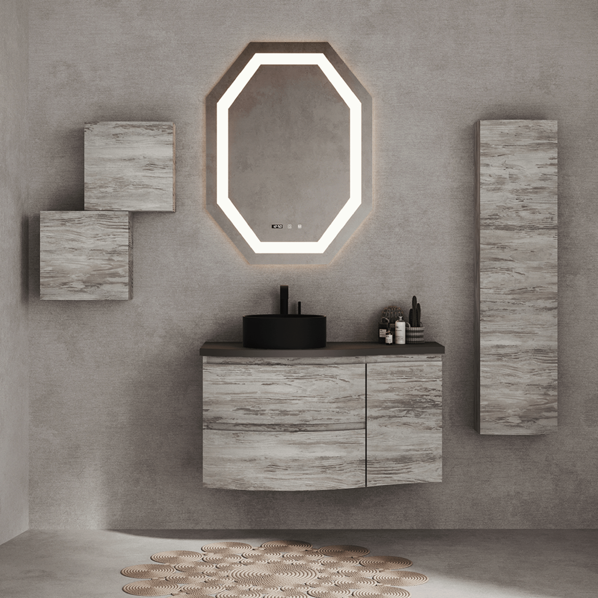Mobile Bagno Sospeso Curvo 105 Cm Due Cassetti Un'Anta Specchio Con Illuminazione Led Savini Due "Dolce Vita" Grigio Scuro/Grigio Antico - Dabicasa