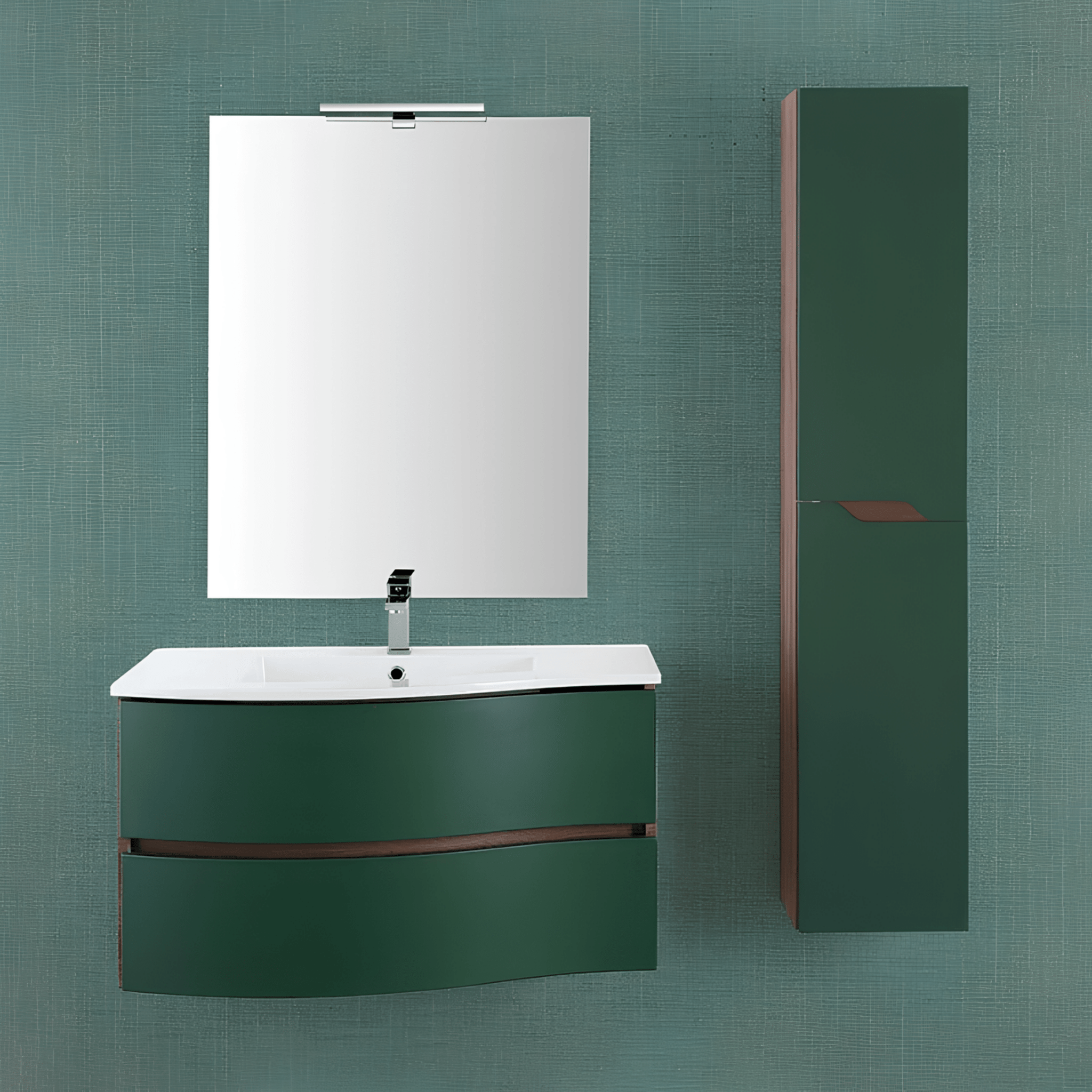 Mobile Bagno Sospeso Curvo 90 Cm Due Cassetti Specchio Feridras "Minori/Maiori" Noce Canaletto/Verde Bottiglia - Dabicasa