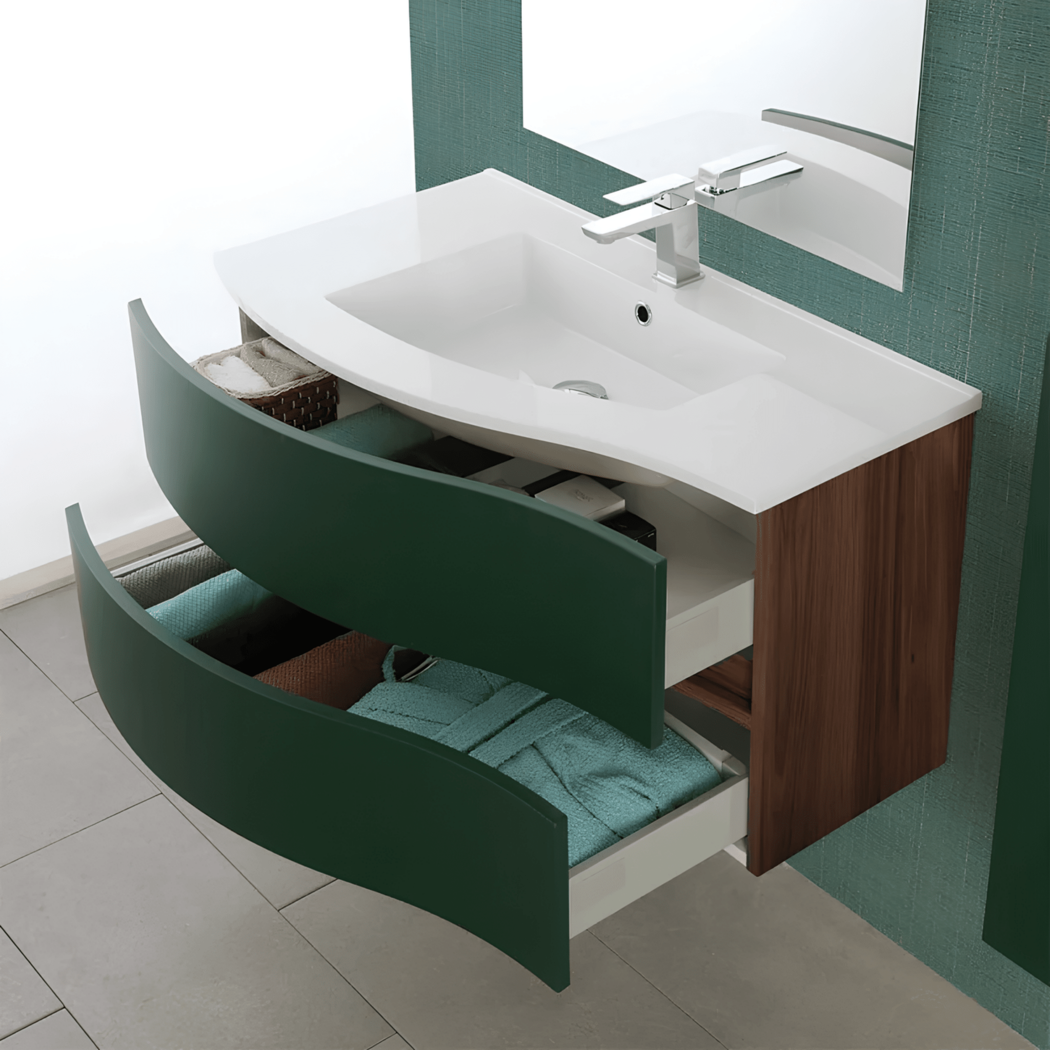 Mobile Bagno Sospeso Curvo 90 Cm Due Cassetti Specchio Feridras "Minori/Maiori" Noce Canaletto/Verde Bottiglia - Dabicasa