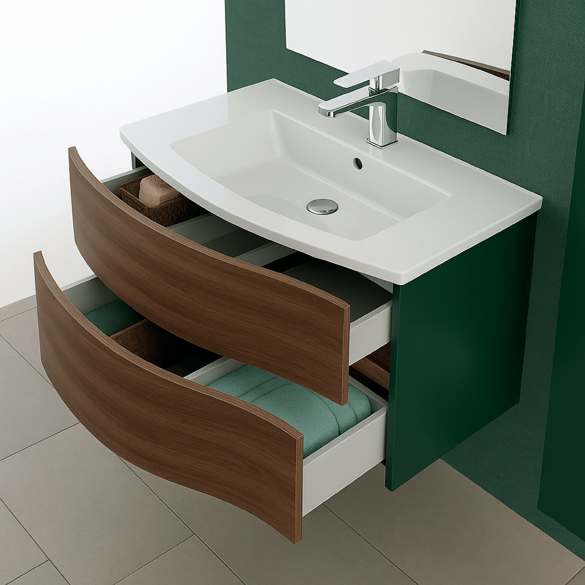 Mobile Bagno Sospeso Curvo 90 Cm Due Cassetti Specchio Feridras "Minori/Maiori" Verde Bottiglia/Noce Canaletto - Dabicasa