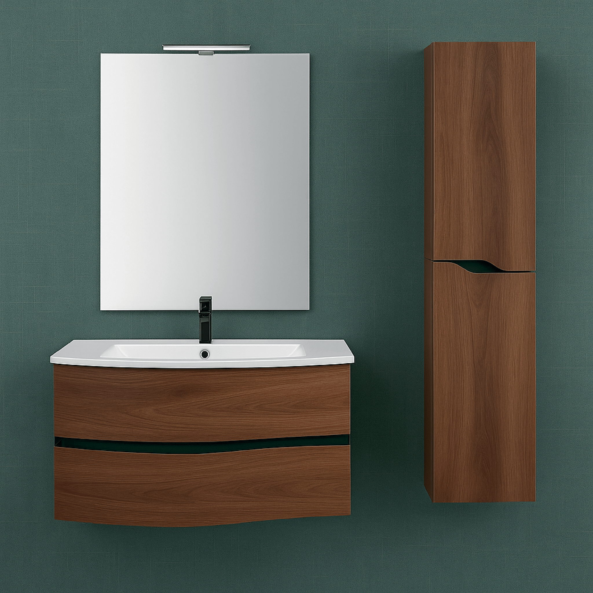 Mobile Bagno Sospeso Curvo 90 Cm Due Cassetti Specchio Feridras "Minori/Maiori" Verde Bottiglia/Noce Canaletto - Dabicasa