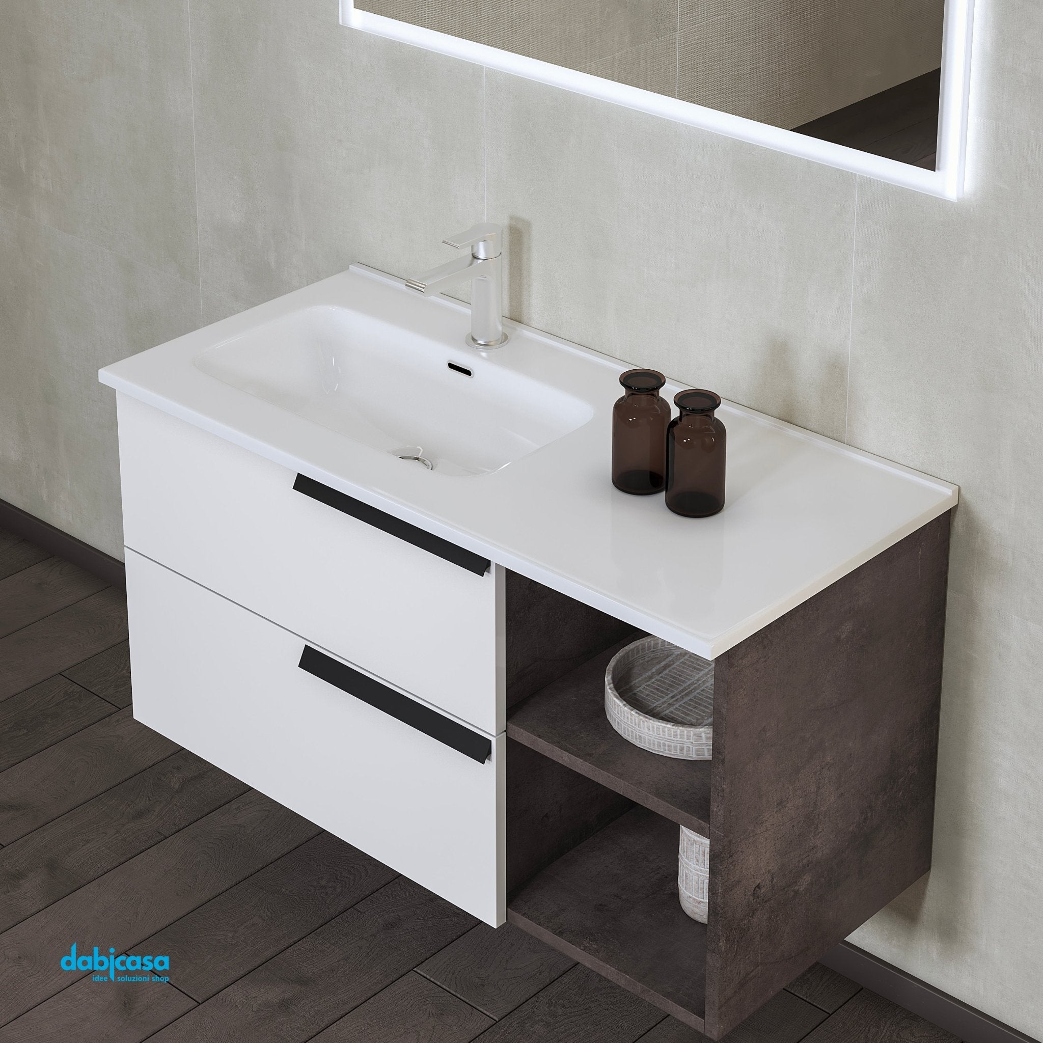 Mobile Bagno Sospeso "Delia 3" Da 100 Cm Composto Da Due Cassetti C/Vano a Giorno Lavabo E Specchio - Dabicasa