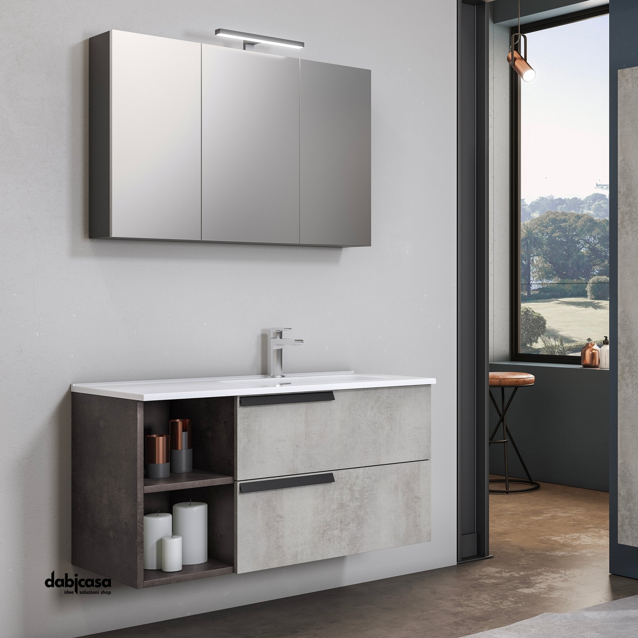 Mobile Bagno Sospeso "Delia 3" Da 100 Cm Composto Da Due Cassetti Ed Un Vano a Giorno Lavabo E Specchio Contenitore Con Lampada Led - Dabicasa