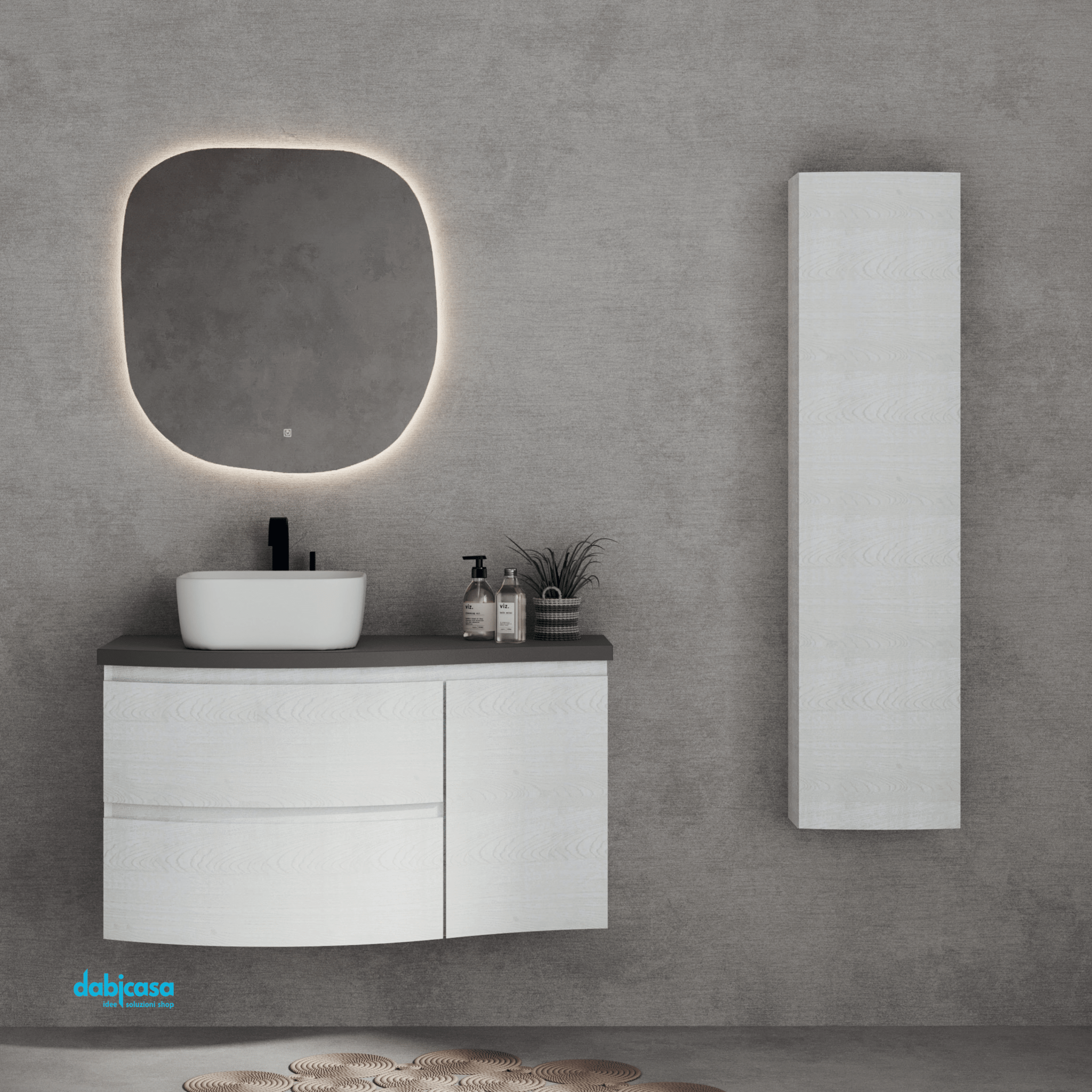 Mobile Bagno Sospeso "Dolce Vita" Da 105 Cm Composto Da Due Cassetti Un'Anta Lavabo E Specchio Finitura Alaska/Grigio Scuro - Dabicasa